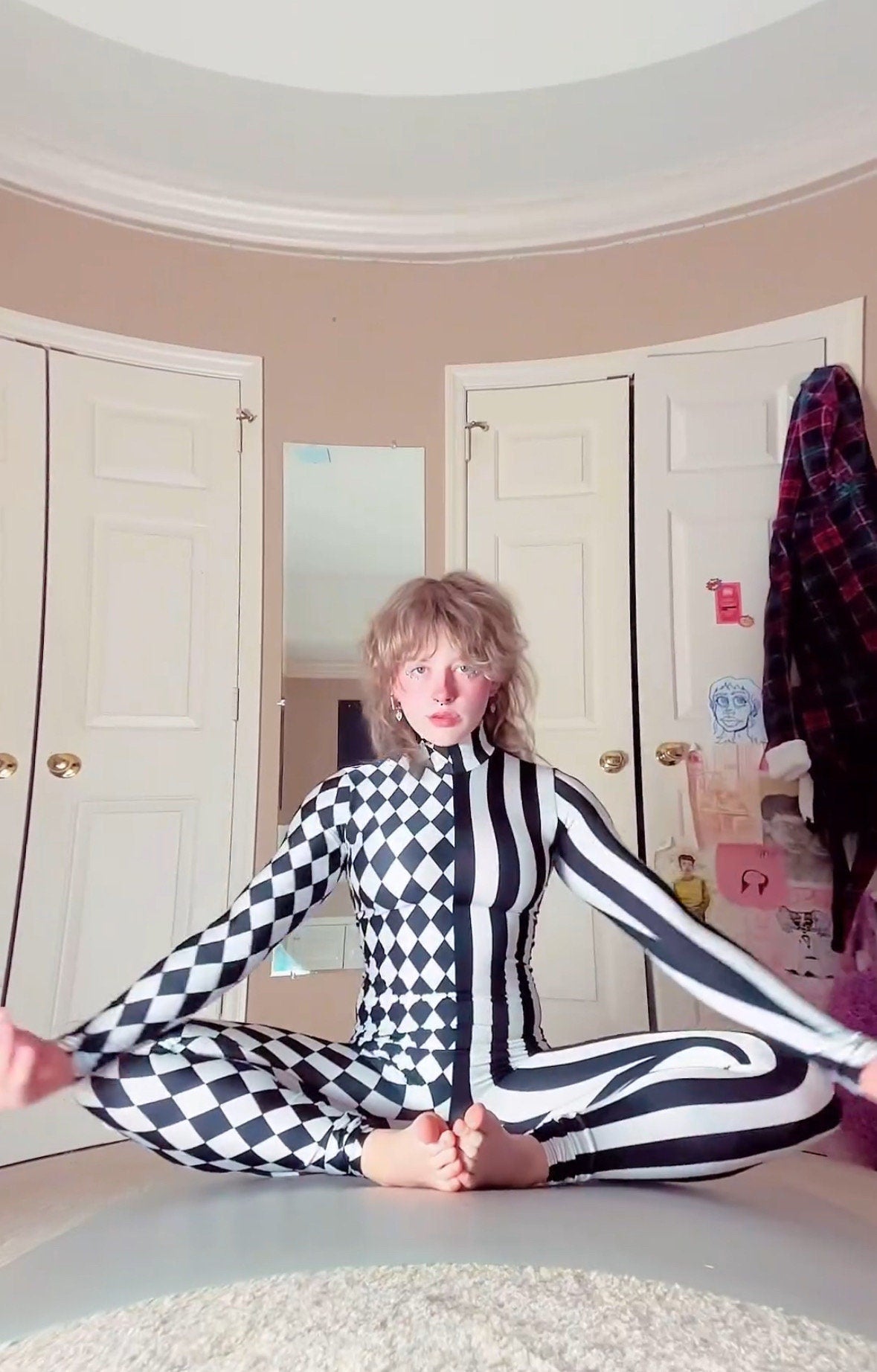 Black and White Split Fabric Catsuit, Stripes and Diamond Jumpsuit, Full Sleeves, Turtleneck