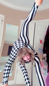 Black and White Split Fabric Catsuit, Stripes and Diamond Jumpsuit, Full Sleeves, Turtleneck