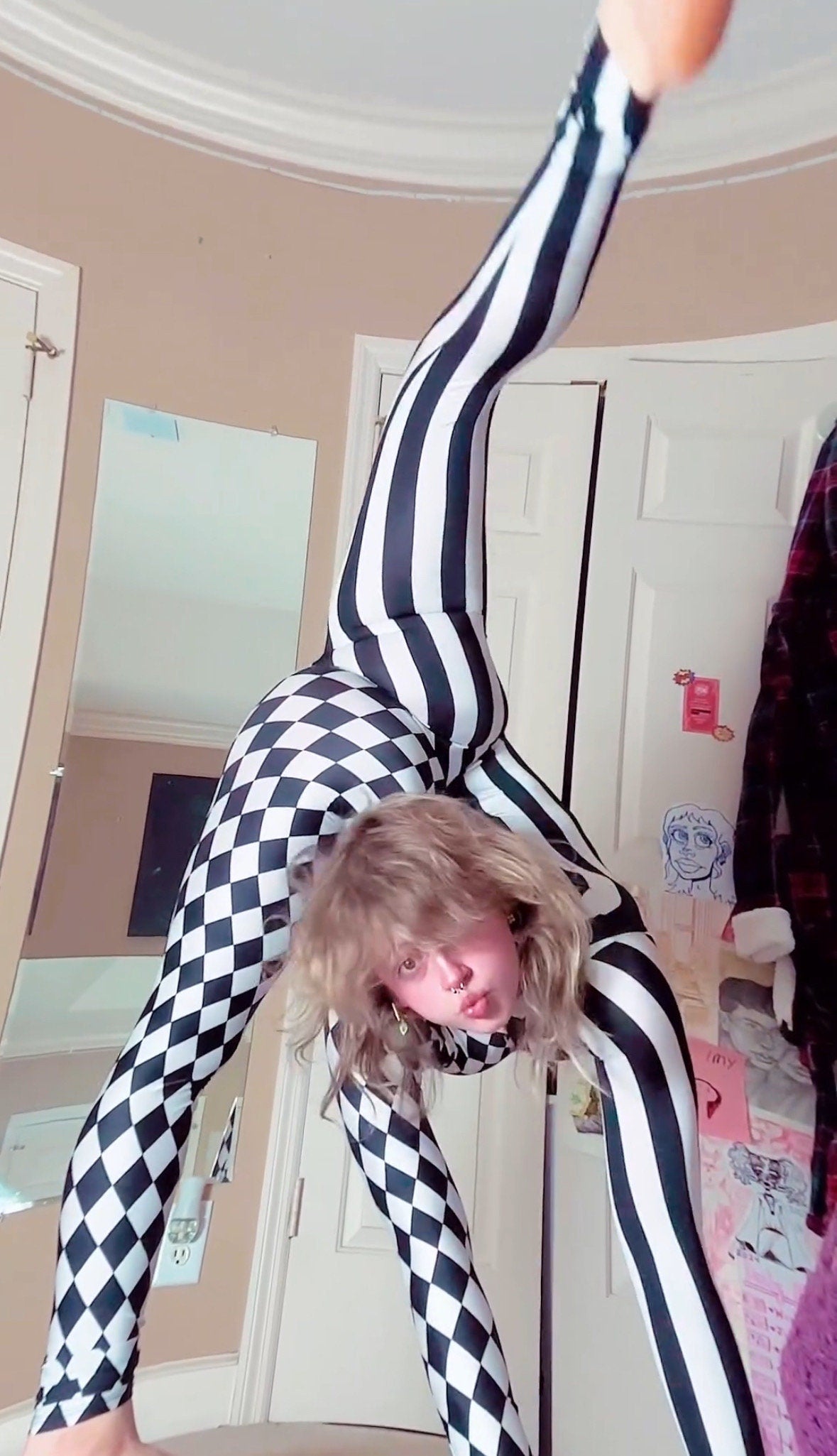 Black and White Split Fabric Catsuit, Stripes and Diamond Jumpsuit, Full Sleeves, Turtleneck