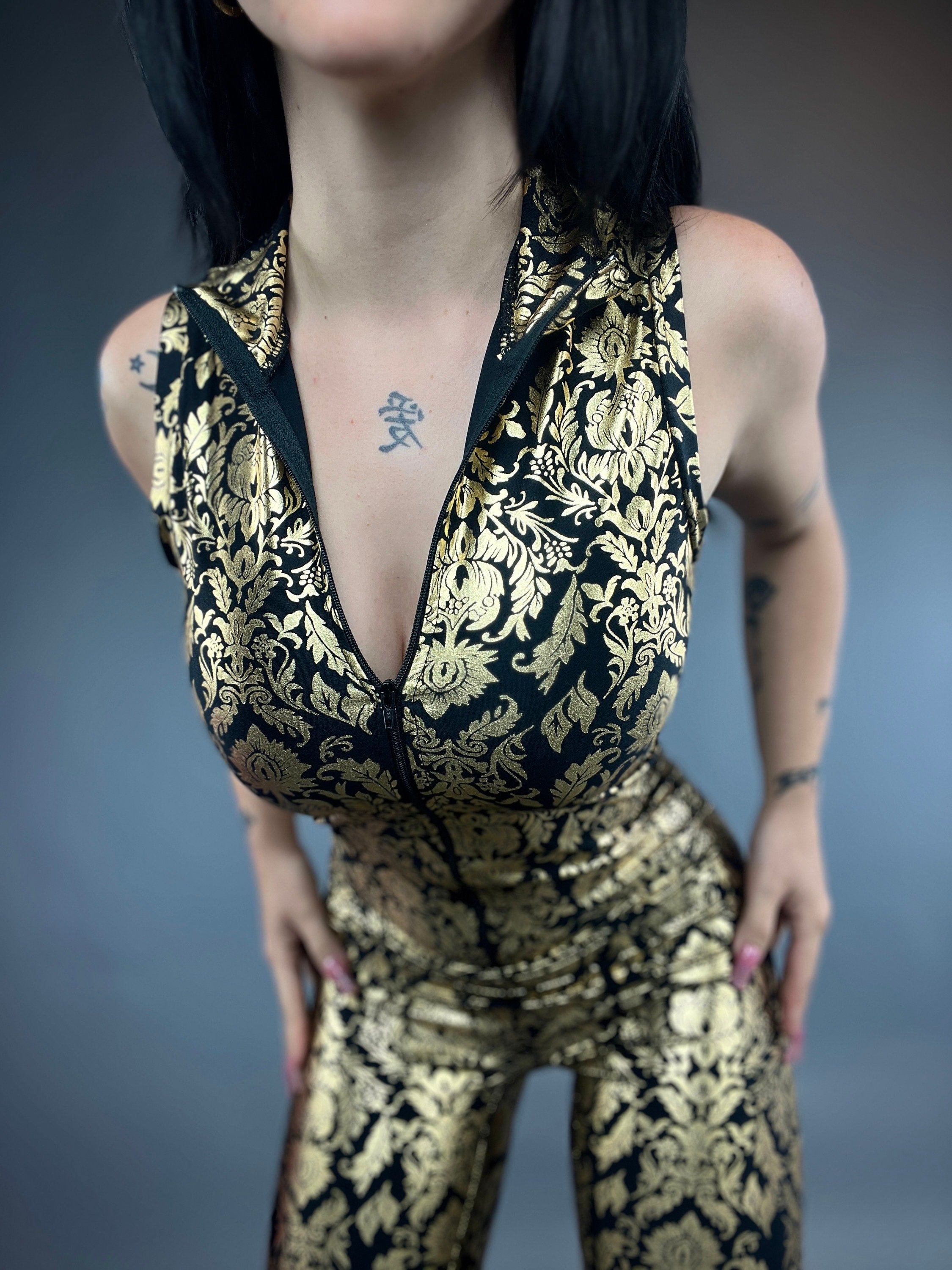 Glamorous Gold,black shiny catsuit! Bellbottom pants hippie festival costume, trending now, exotic dance wear