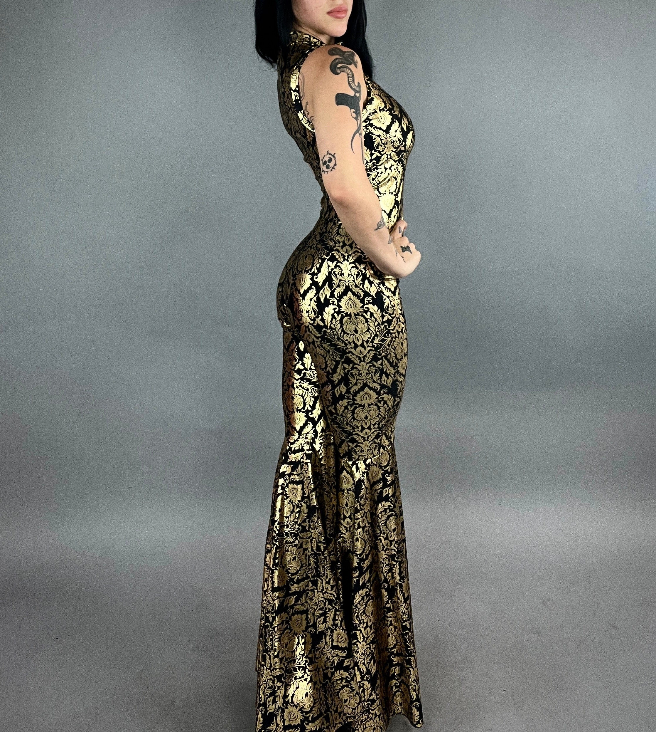 Glamorous Gold,black shiny catsuit! Bellbottom pants hippie festival costume, trending now, exotic dance wear