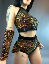 Gold Sequin on Black Crop Top and Bottom Set, Shorts With Half-Skirt, Halterneck Top, Hand Accessories