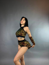 Gold Sequin on Black Crop Top and Bottom Set, Shorts With Half-Skirt, Halterneck Top, Hand Accessories