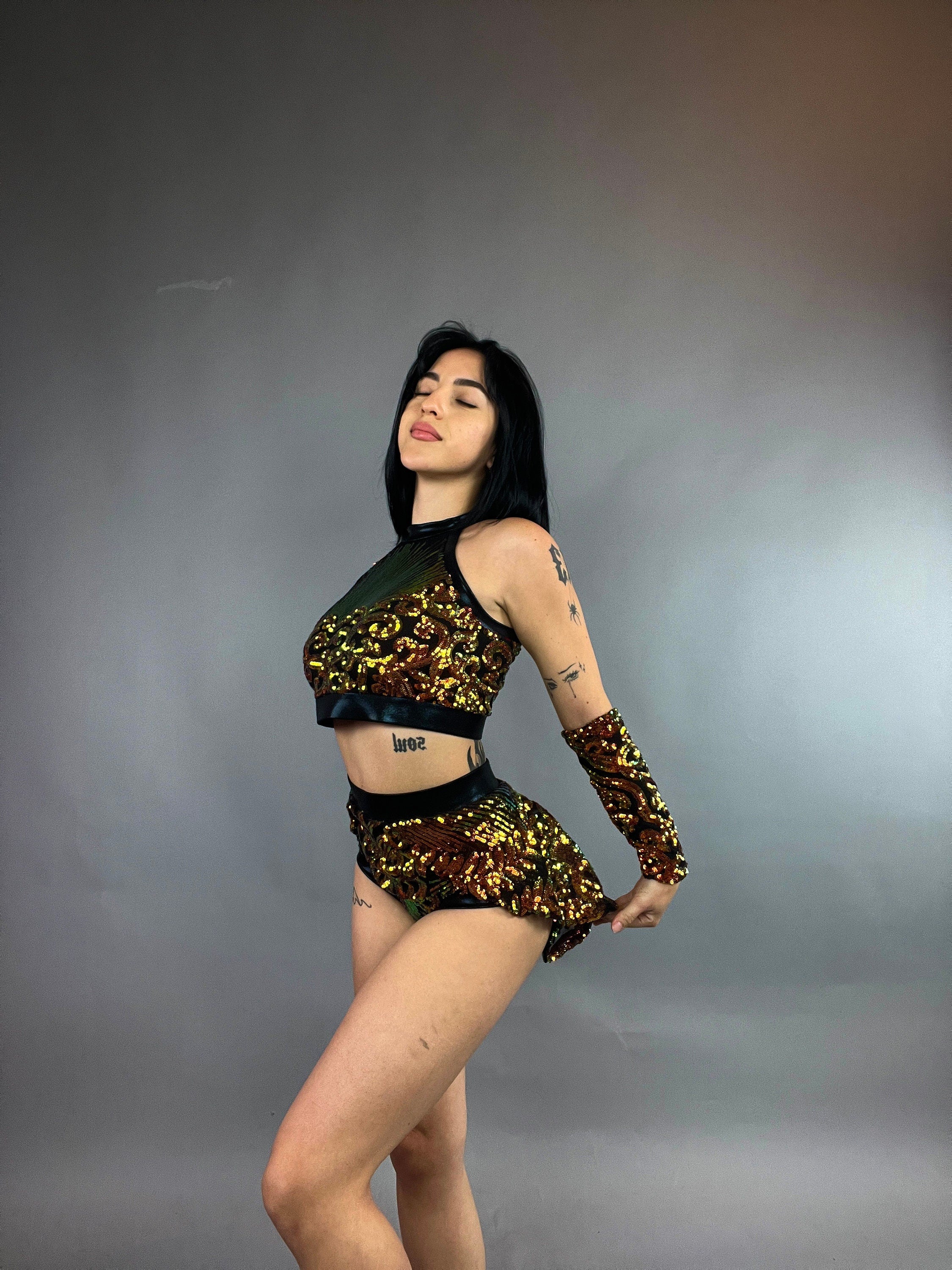 Gold Sequin on Black Crop Top and Bottom Set, Shorts With Half-Skirt, Halterneck Top, Hand Accessories