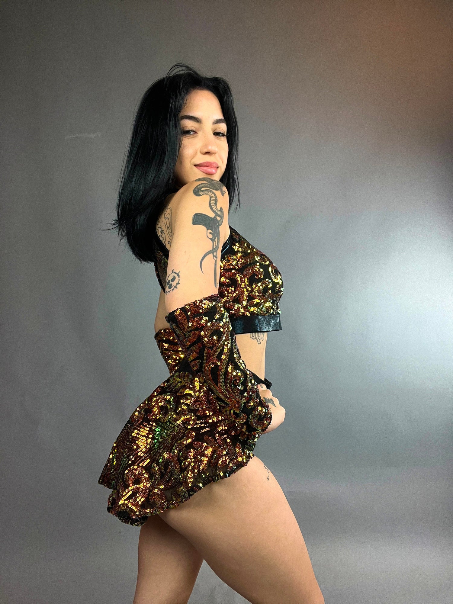 Gold Sequin on Black Crop Top and Bottom Set, Shorts With Half-Skirt, Halterneck Top, Hand Accessories