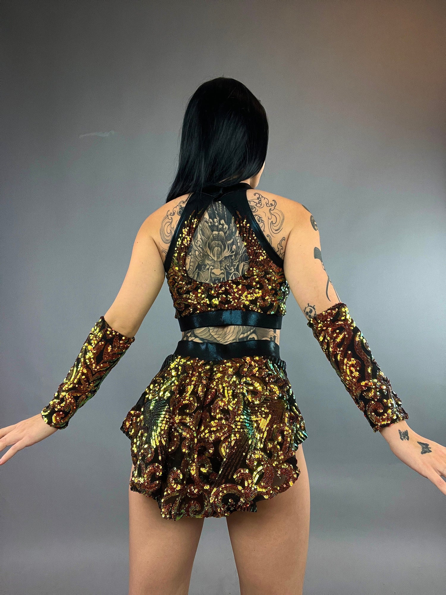 Gold Sequin on Black Crop Top and Bottom Set, Shorts With Half-Skirt, Halterneck Top, Hand Accessories