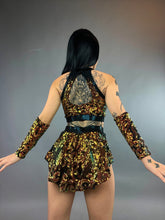 Gold Sequin on Black Crop Top and Bottom Set, Shorts With Half-Skirt, Halterneck Top, Hand Accessories