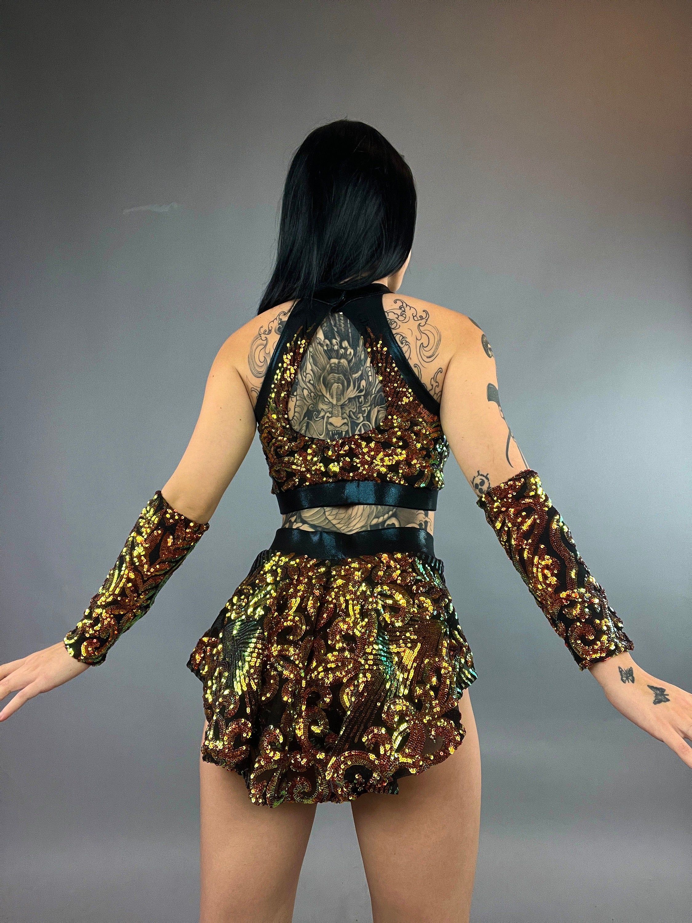 Gold Sequin on Black Crop Top and Bottom Set, Shorts With Half-Skirt, Halterneck Top, Hand Accessories