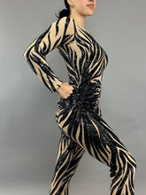 Black Sequin on Beige Catsuit, Scoop Neck, Full Sleeves