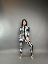 Black and White Split Fabric Catsuit, Stripes and Diamond Jumpsuit, Full Sleeves, Turtleneck