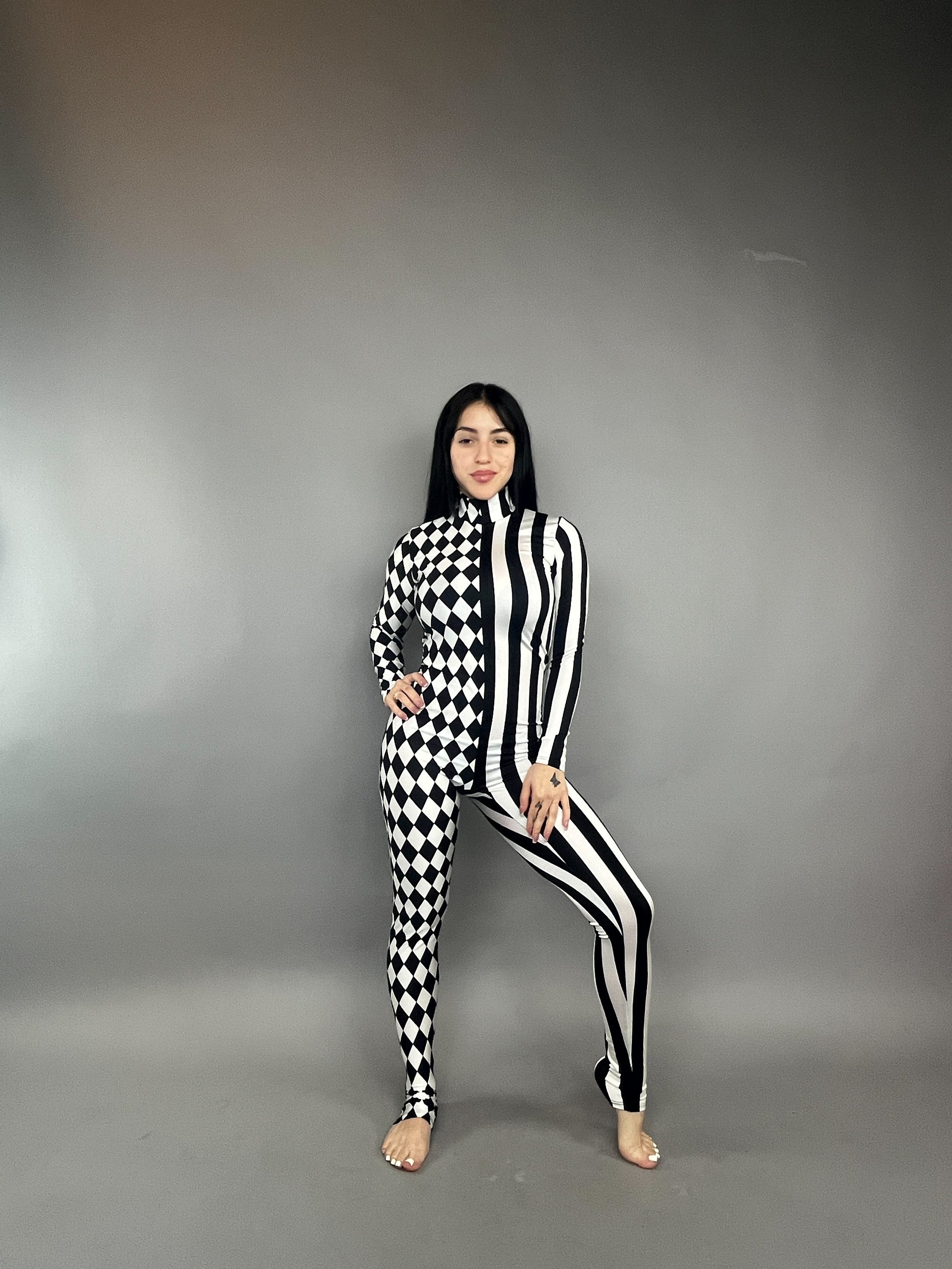 Black and White Split Fabric Catsuit, Stripes and Diamond Jumpsuit, Full Sleeves, Turtleneck