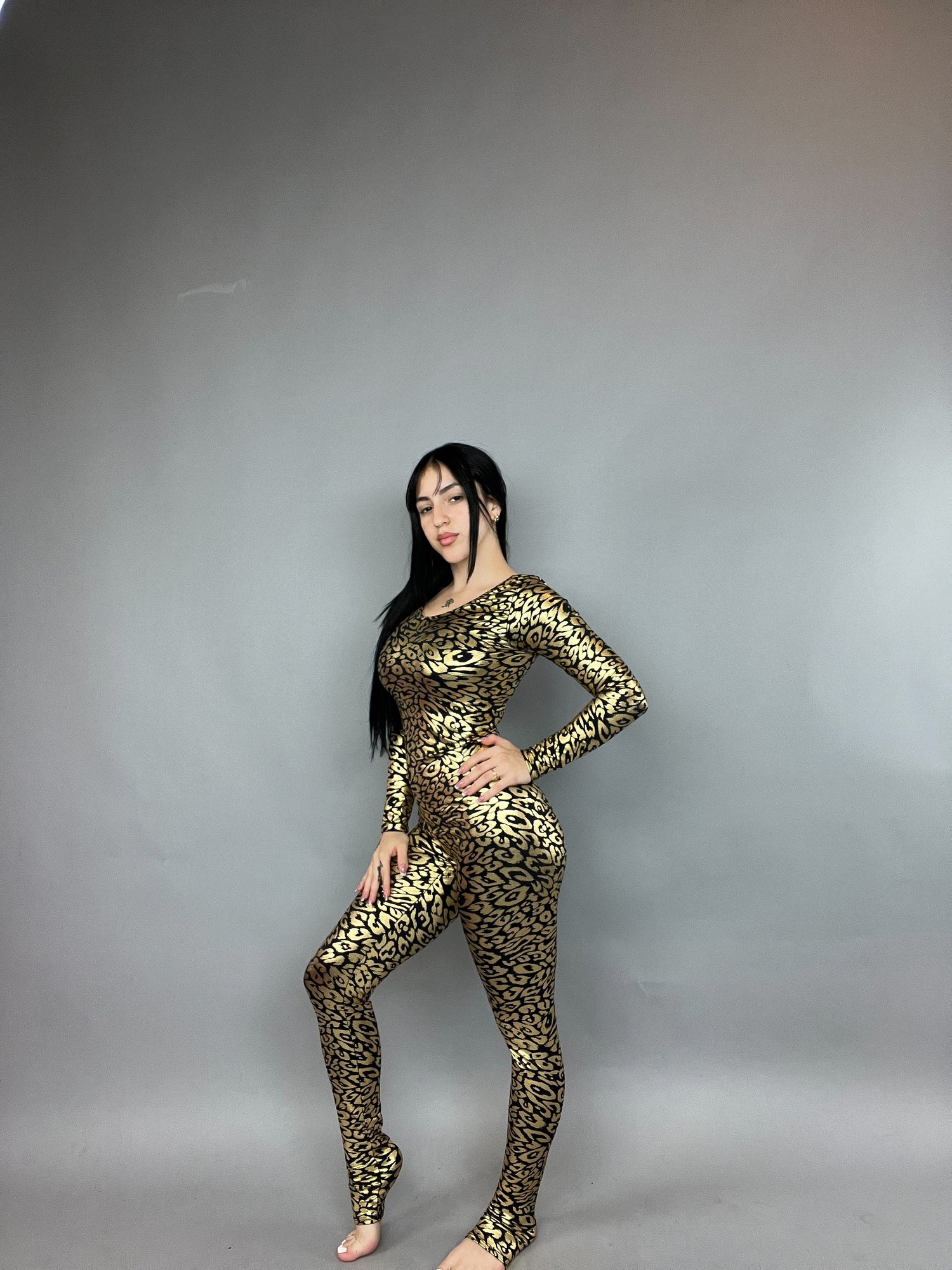 Gold Cheetah Print Lycra, Scoop Neckline, Long Arm Sleeves