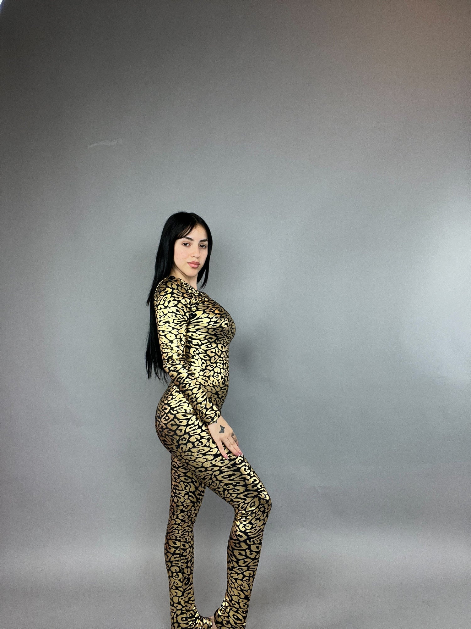 Gold Cheetah Print Lycra, Scoop Neckline, Long Arm Sleeves