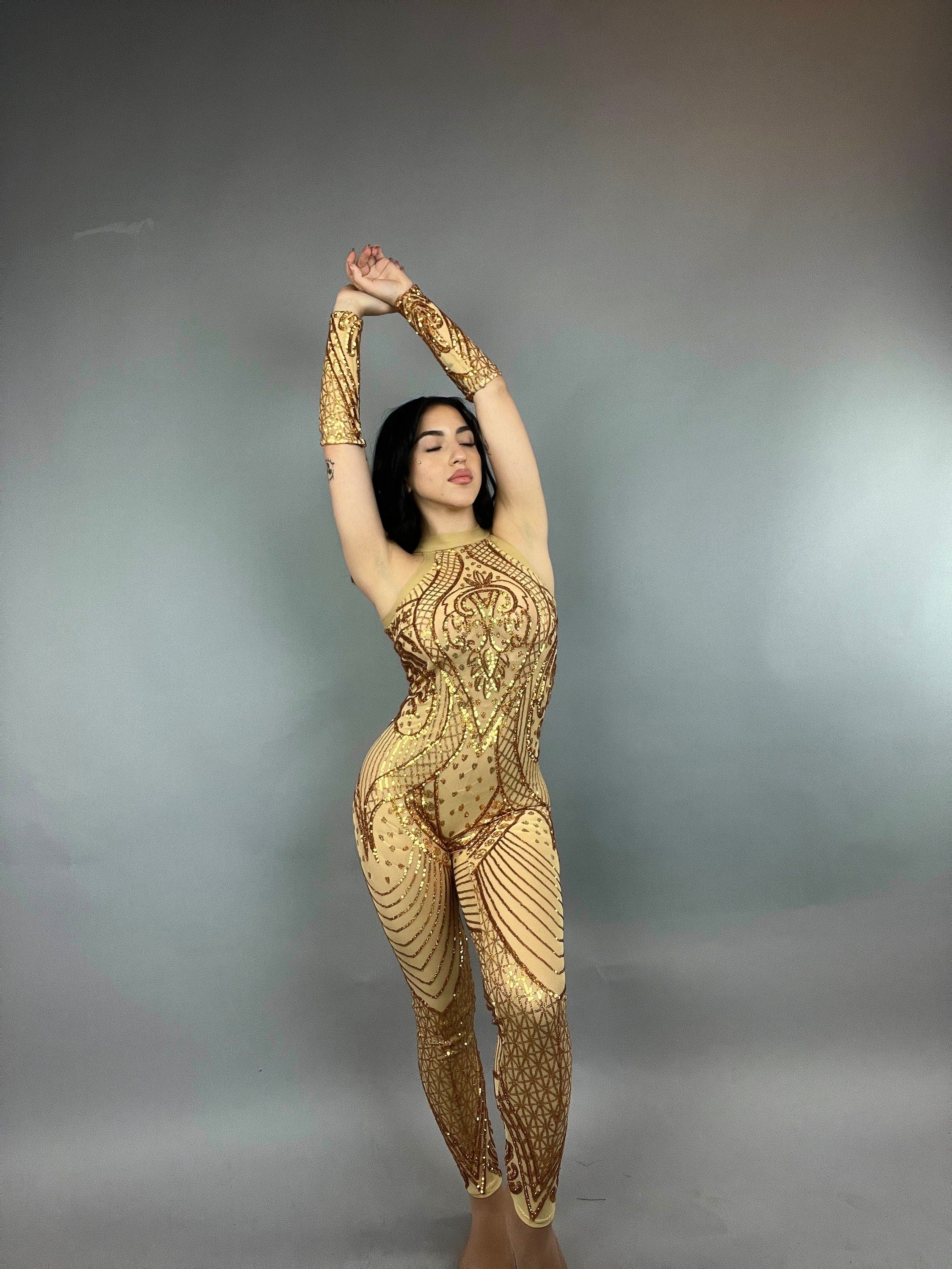 Sequin Bodysuit, Sheer Catsuit, Costume for Contortionist, Gymnast, Dance Wear, Wedding Jumpsuit