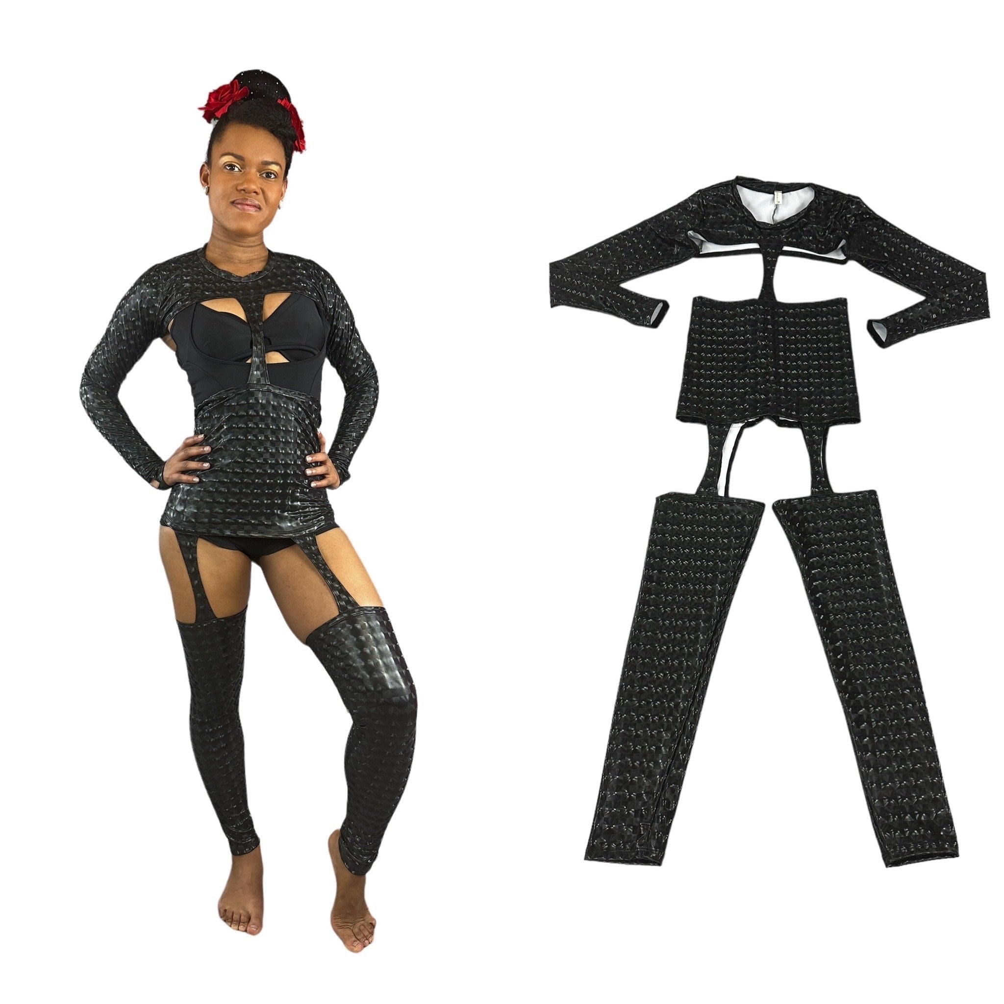 Black Cutout Catsuit Jumpsuit, Full Sleeves, Spandex Spandex Costume