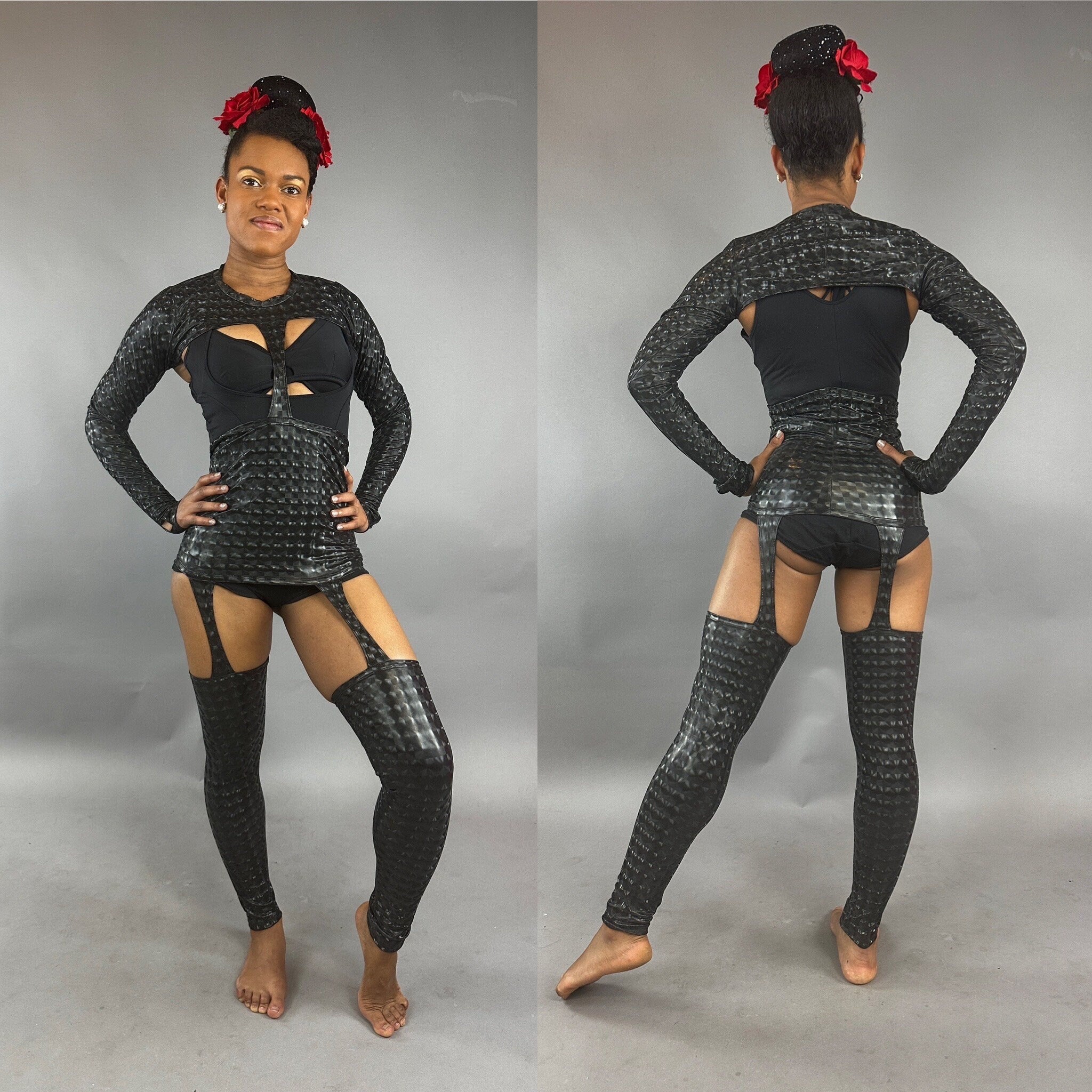 Black Cutout Catsuit Jumpsuit, Full Sleeves, Spandex Spandex Costume