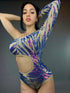 Isolated Blue Sequin On Nude Leotard, Cut Outs, Asymmetric Design