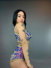 Isolated Blue Sequin On Nude Leotard, Cut Outs, Asymmetric Design