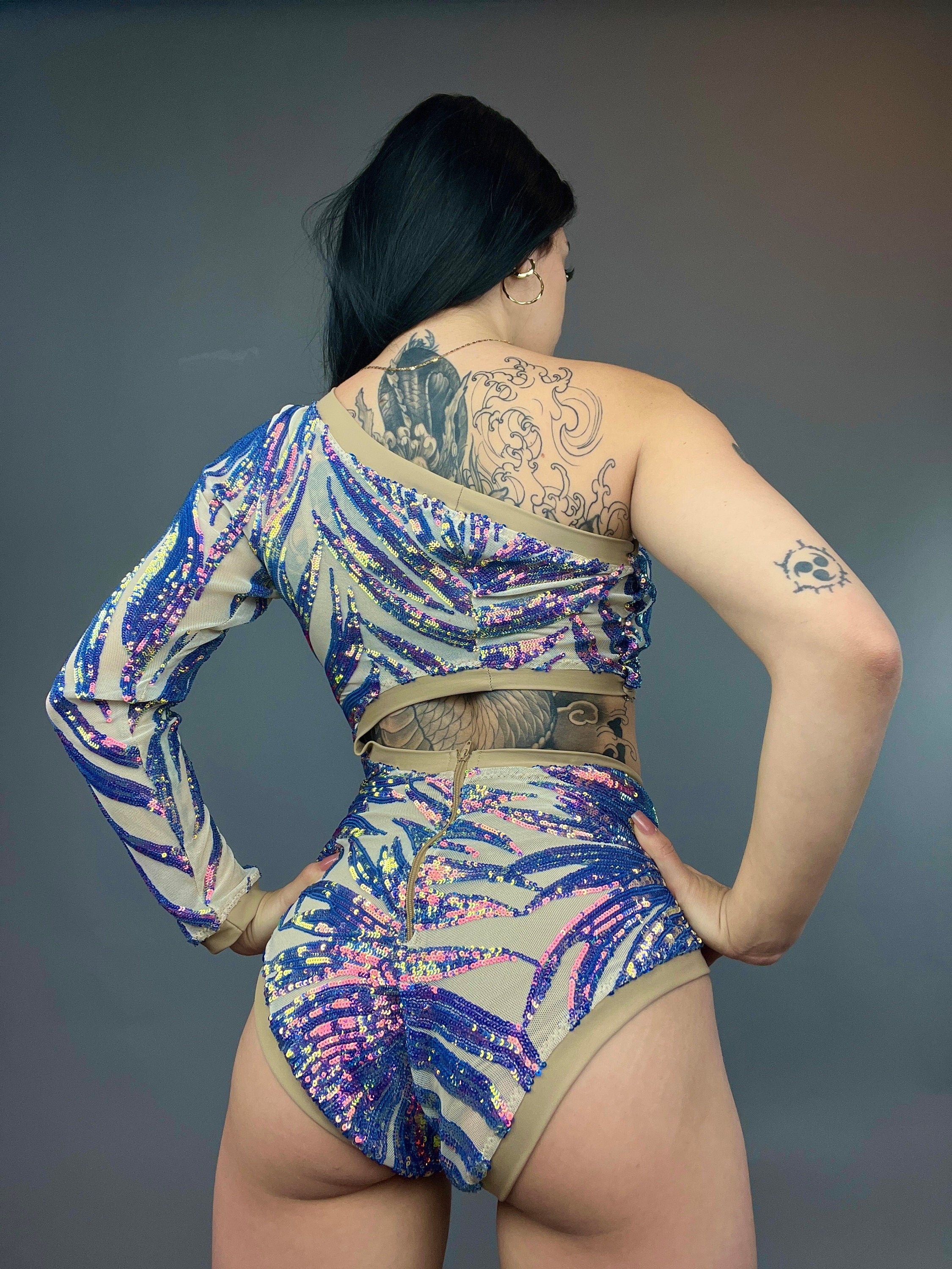 Isolated Blue Sequin On Nude Leotard, Cut Outs, Asymmetric Design