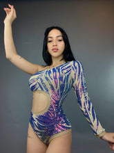 Isolated Blue Sequin On Nude Leotard, Cut Outs, Asymmetric Design