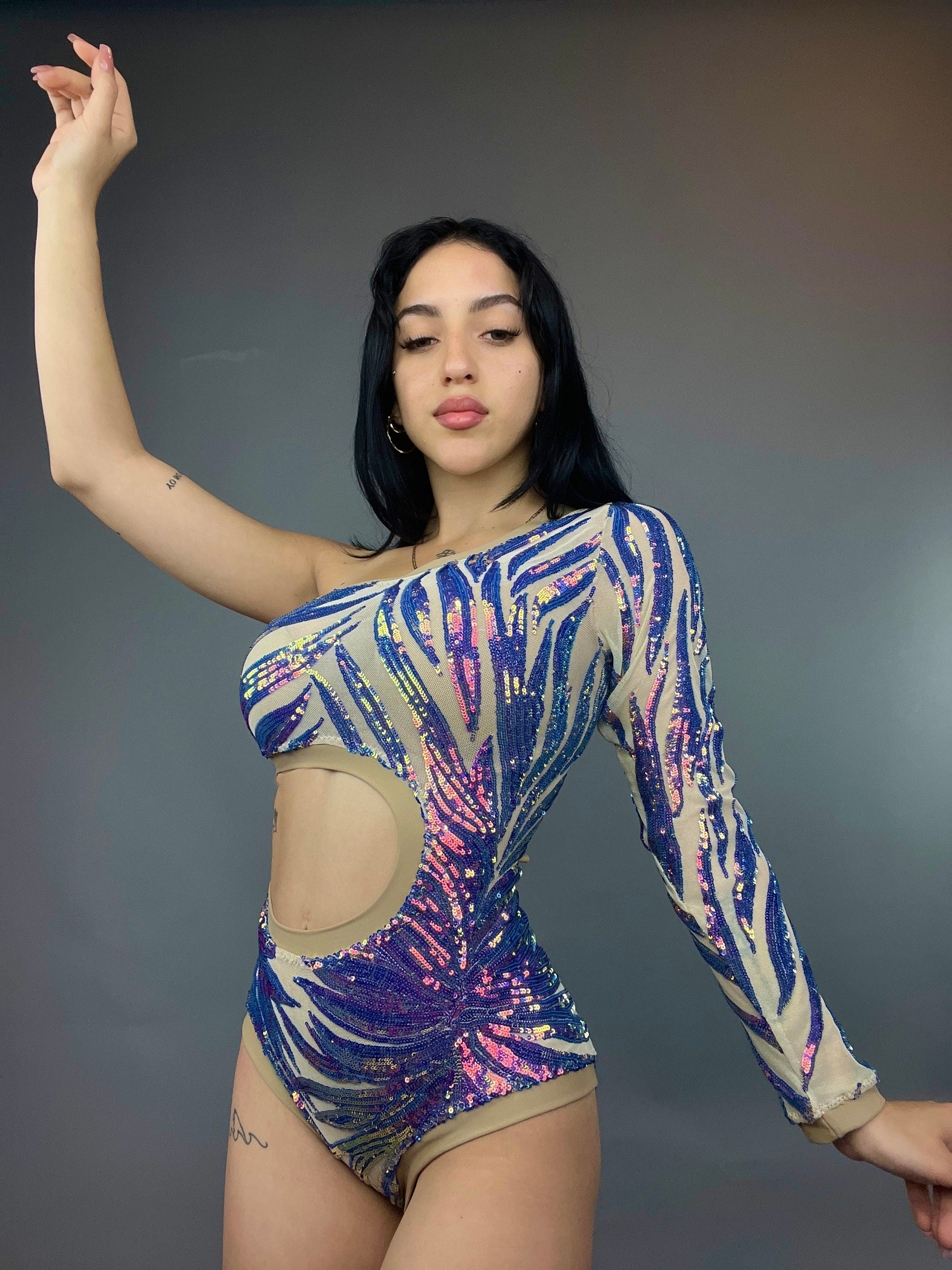 Isolated Blue Sequin On Nude Leotard, Cut Outs, Asymmetric Design