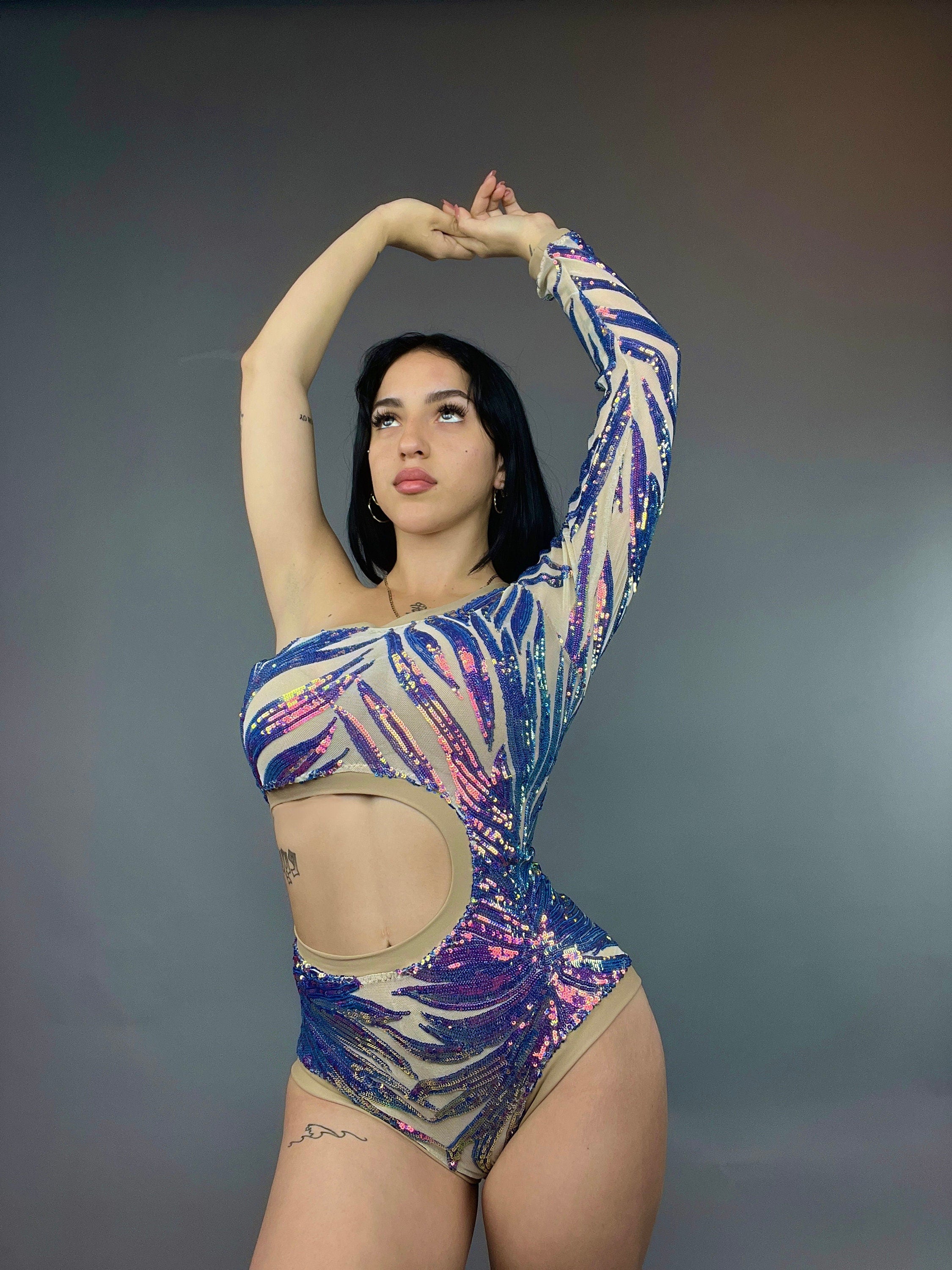 Isolated Blue Sequin On Nude Leotard, Cut Outs, Asymmetric Design