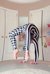 Black and White Split Fabric Catsuit, Stripes and Diamond Jumpsuit, Full Sleeves, Turtleneck