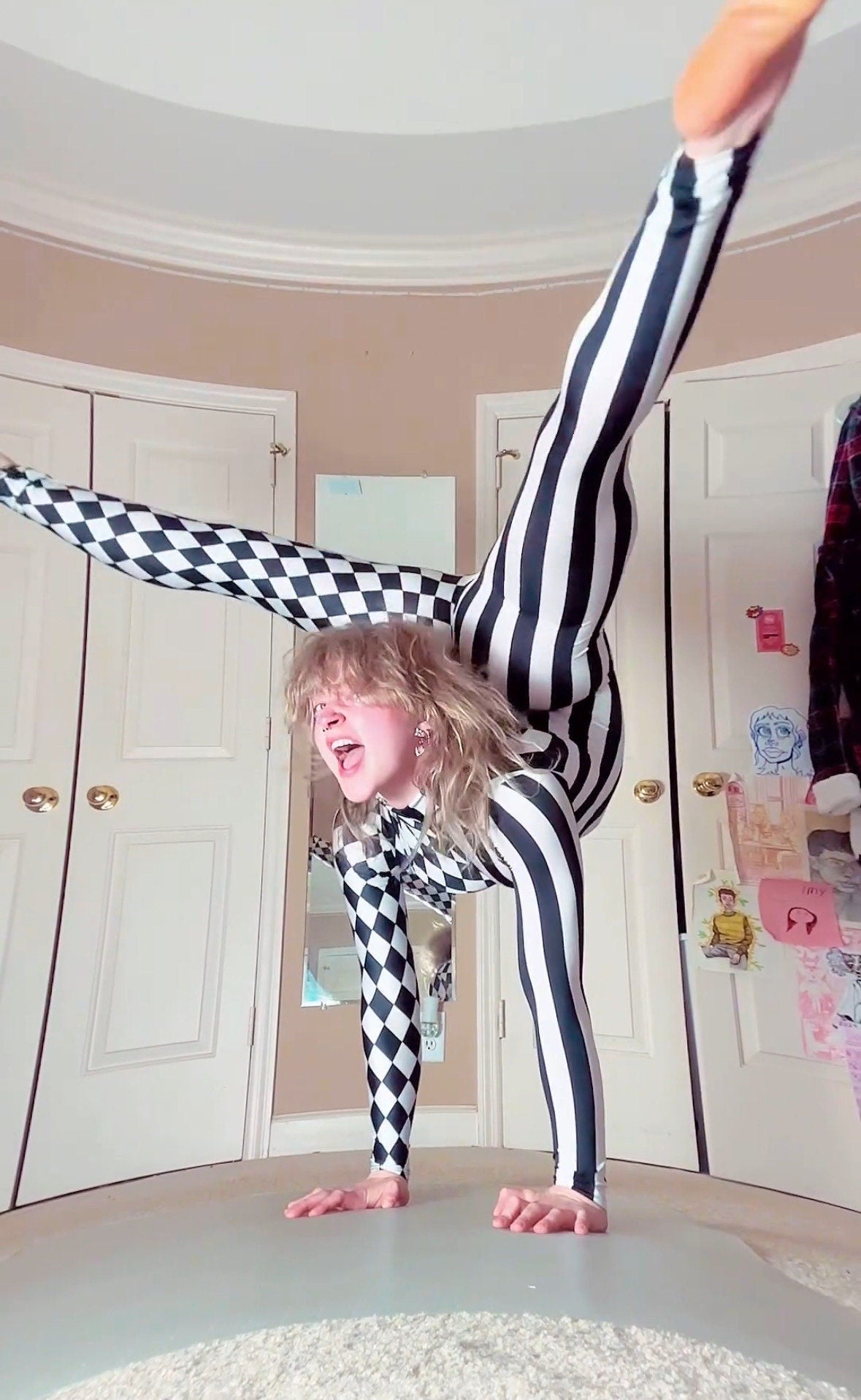 Black and White Split Fabric Catsuit, Stripes and Diamond Jumpsuit, Full Sleeves, Turtleneck