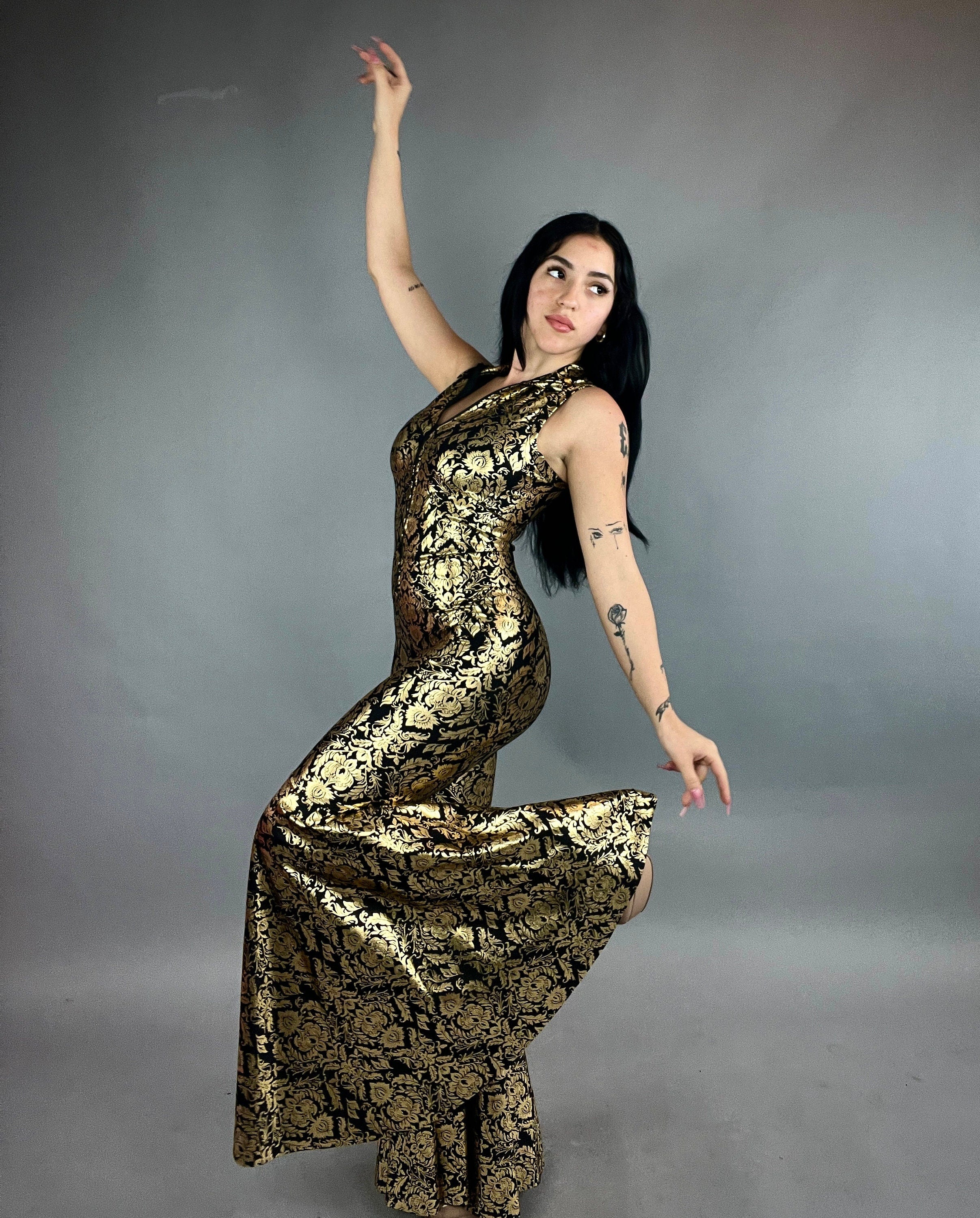 Glamorous Gold,black shiny catsuit! Bellbottom pants hippie festival costume, trending now, exotic dance wear
