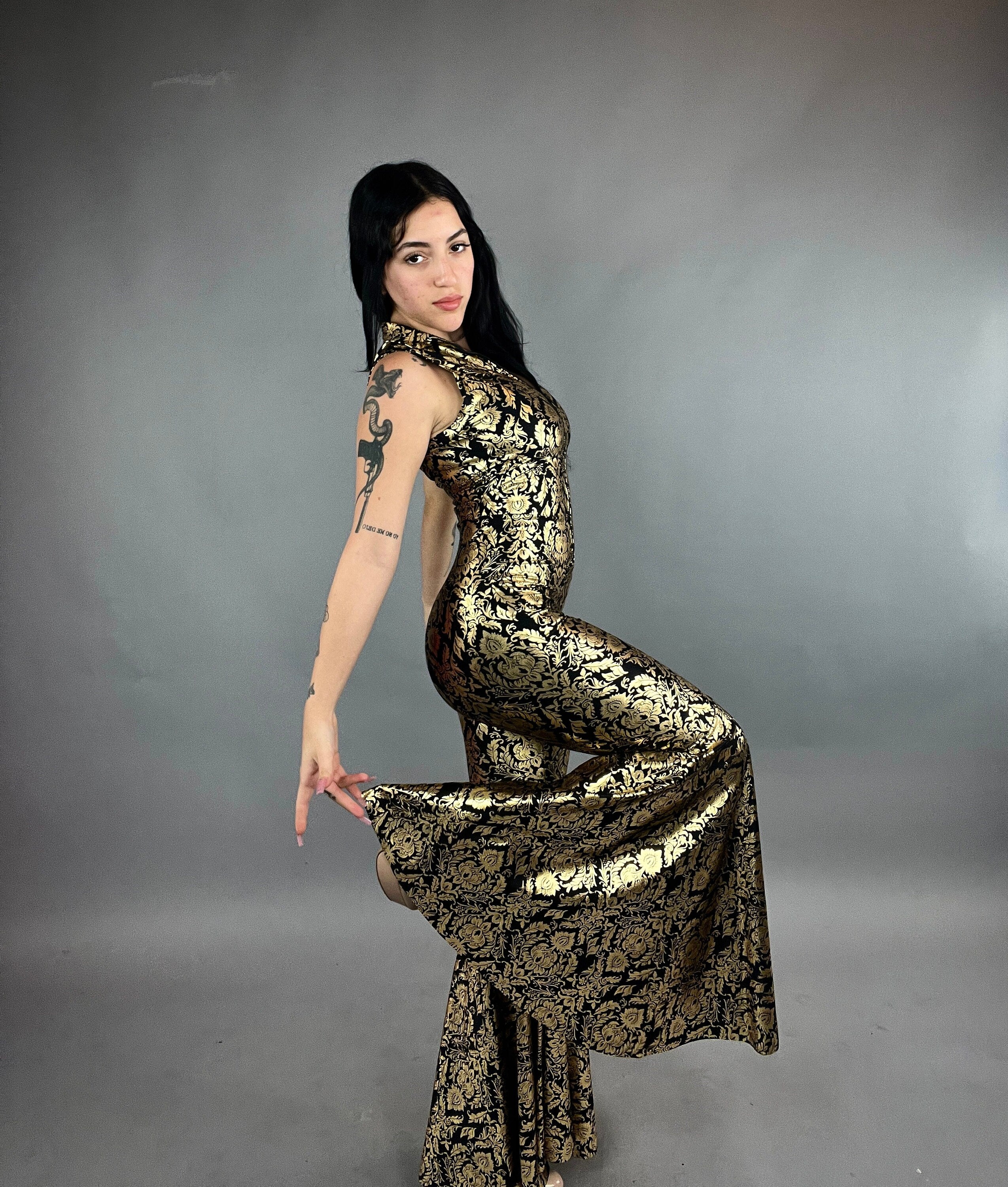 Glamorous Gold,black shiny catsuit! Bellbottom pants hippie festival costume, trending now, exotic dance wear