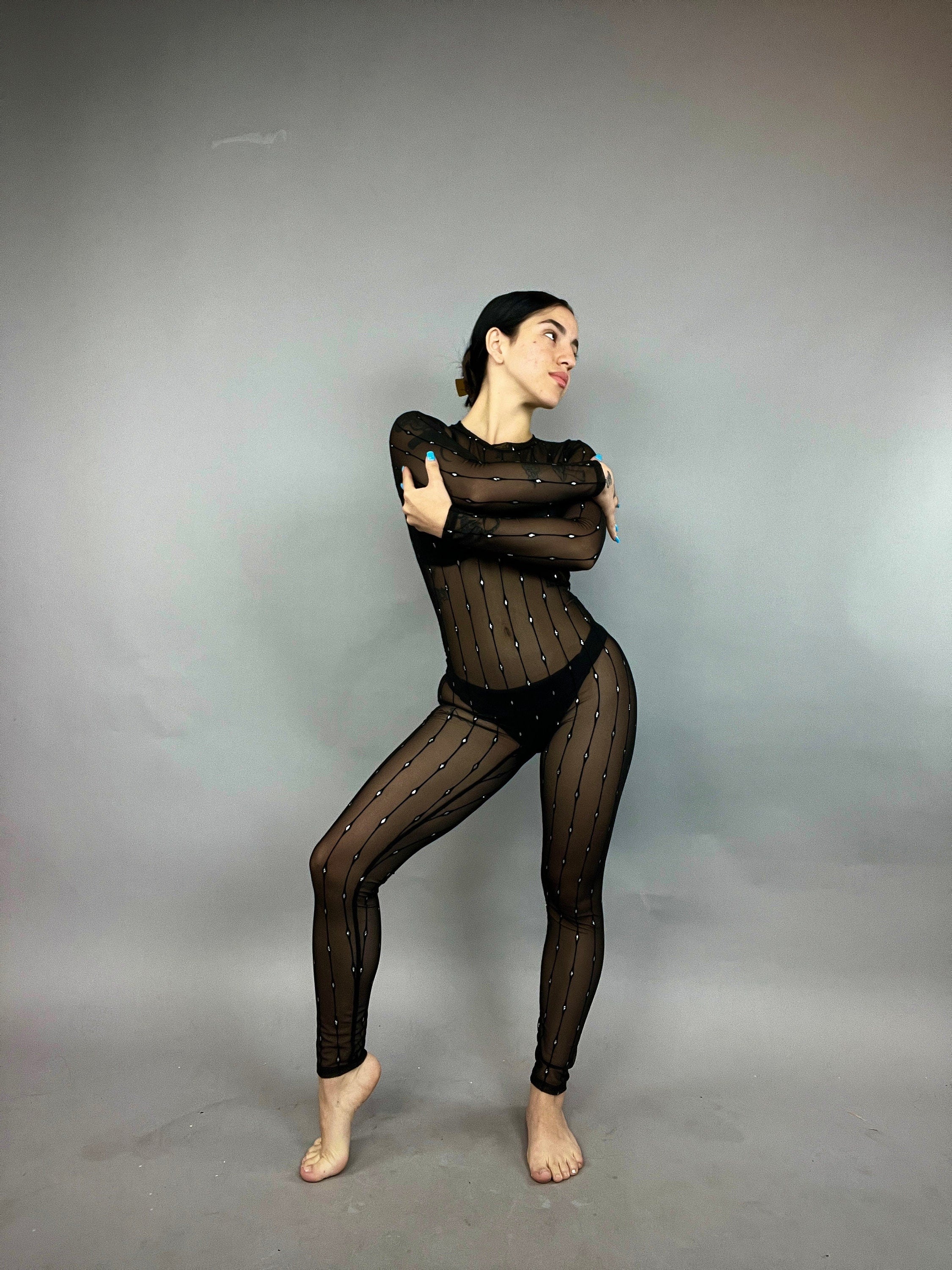 Black Sheer Jumpsuit, Crew Neckline, Long Sleeves
