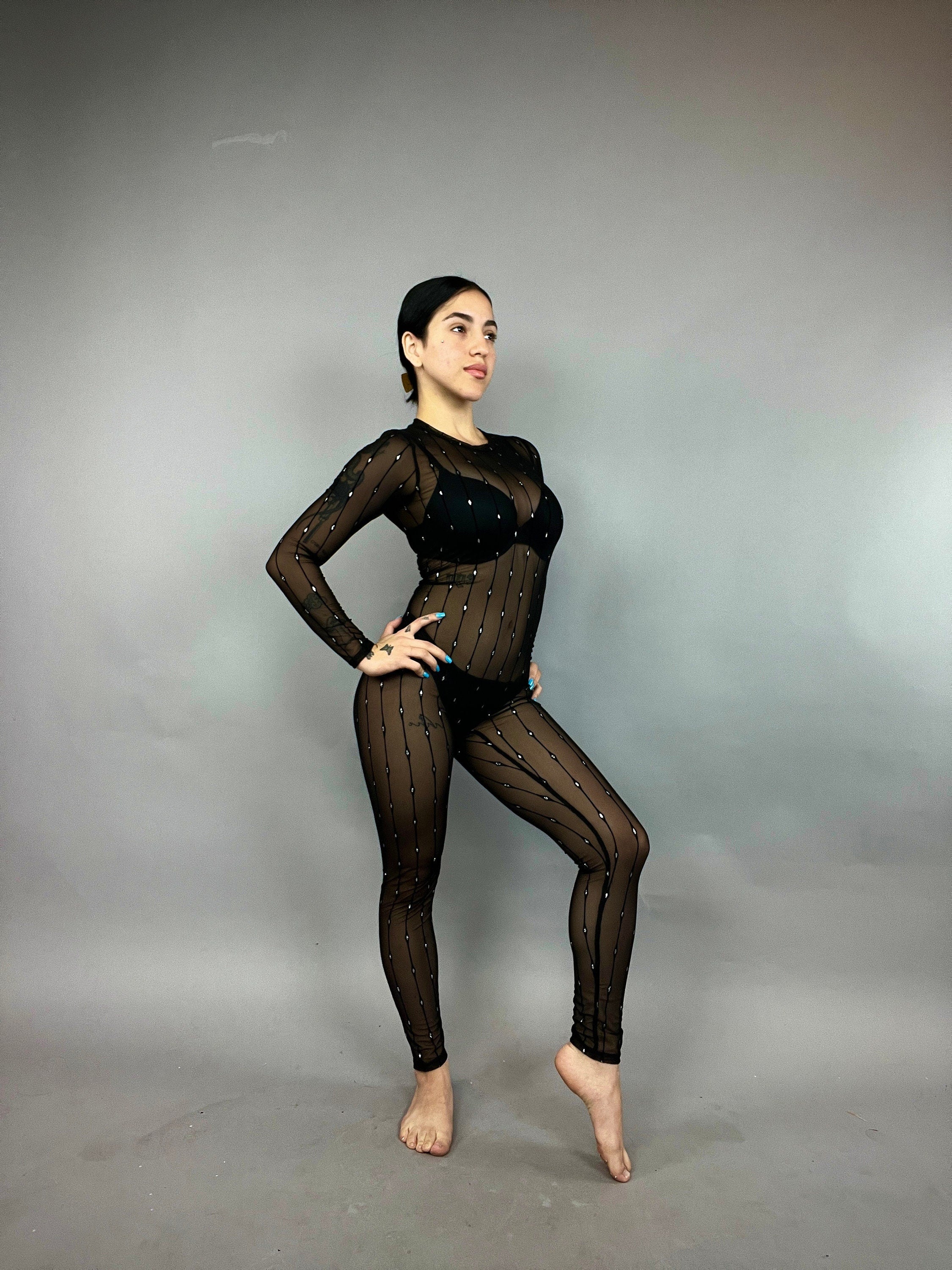 Black Sheer Jumpsuit, Crew Neckline, Long Sleeves