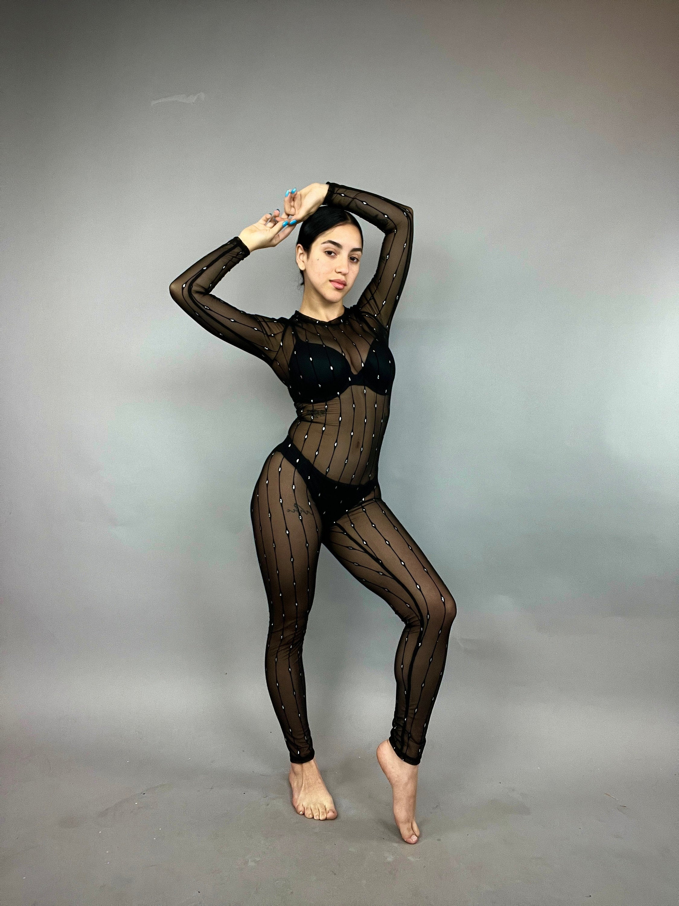 Black Sheer Jumpsuit, Crew Neckline, Long Sleeves