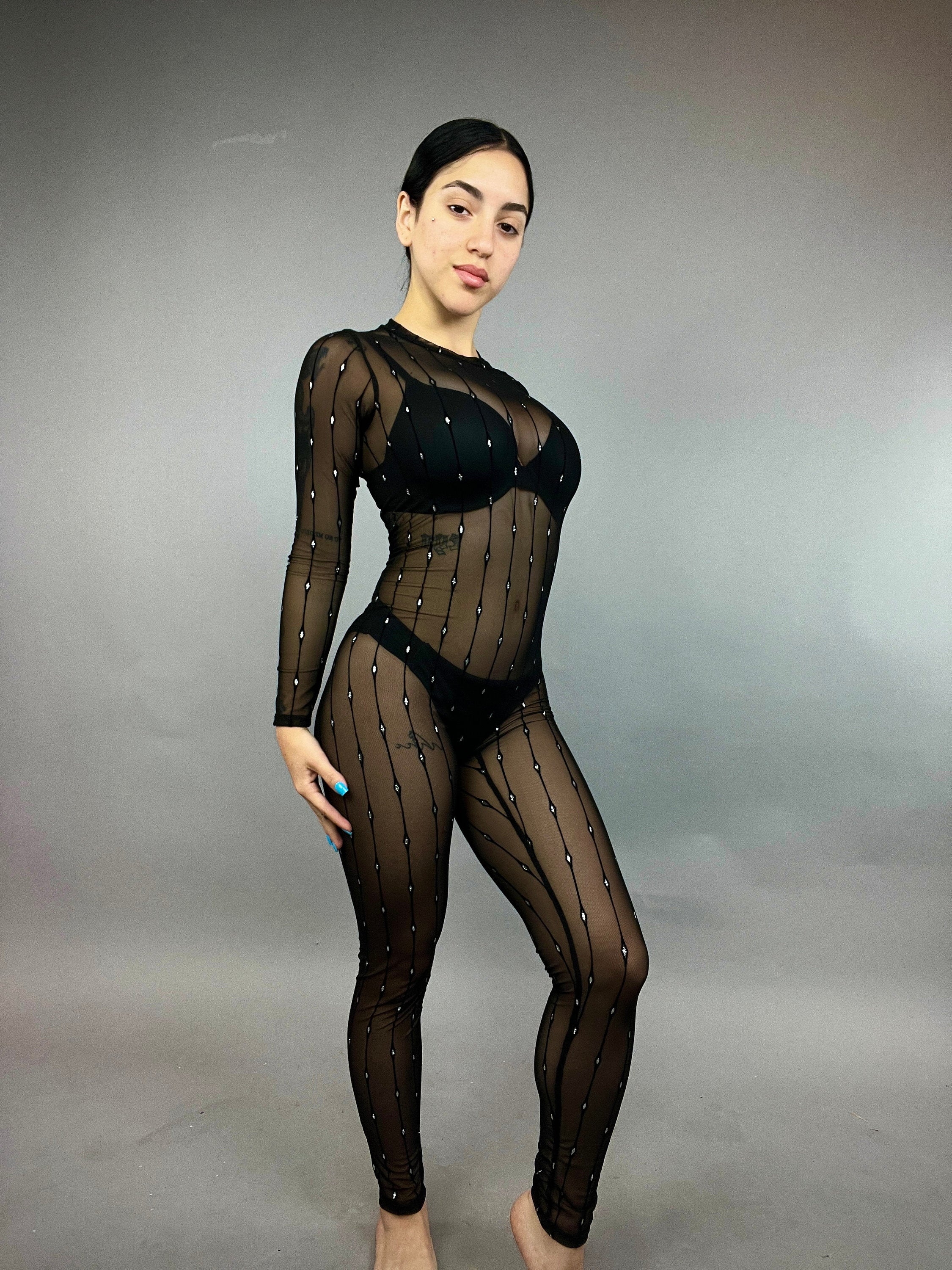 Black Sheer Jumpsuit, Crew Neckline, Long Sleeves