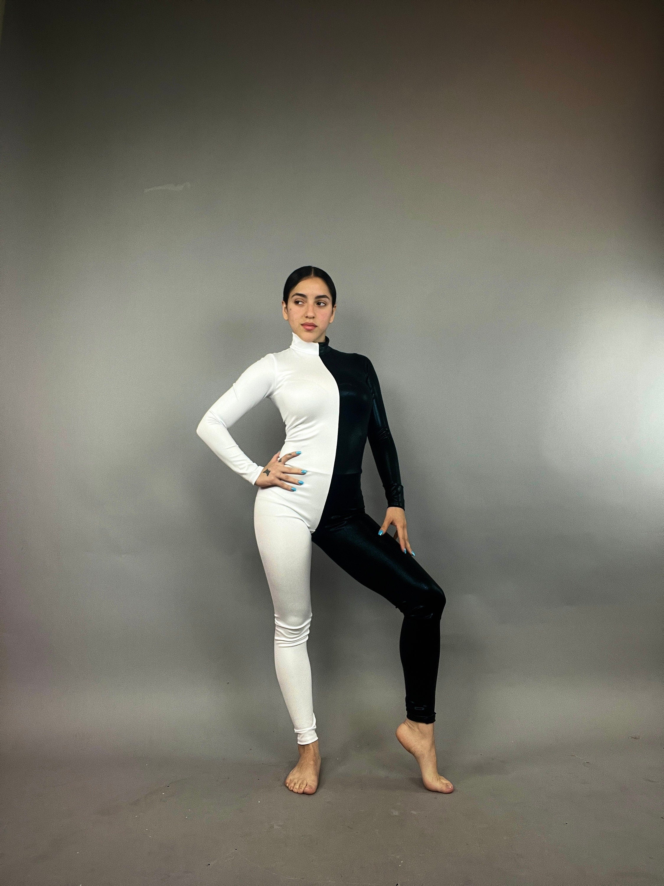 Black and White Half-And-Half Catsuit, Turtleneck, Full Sleeves