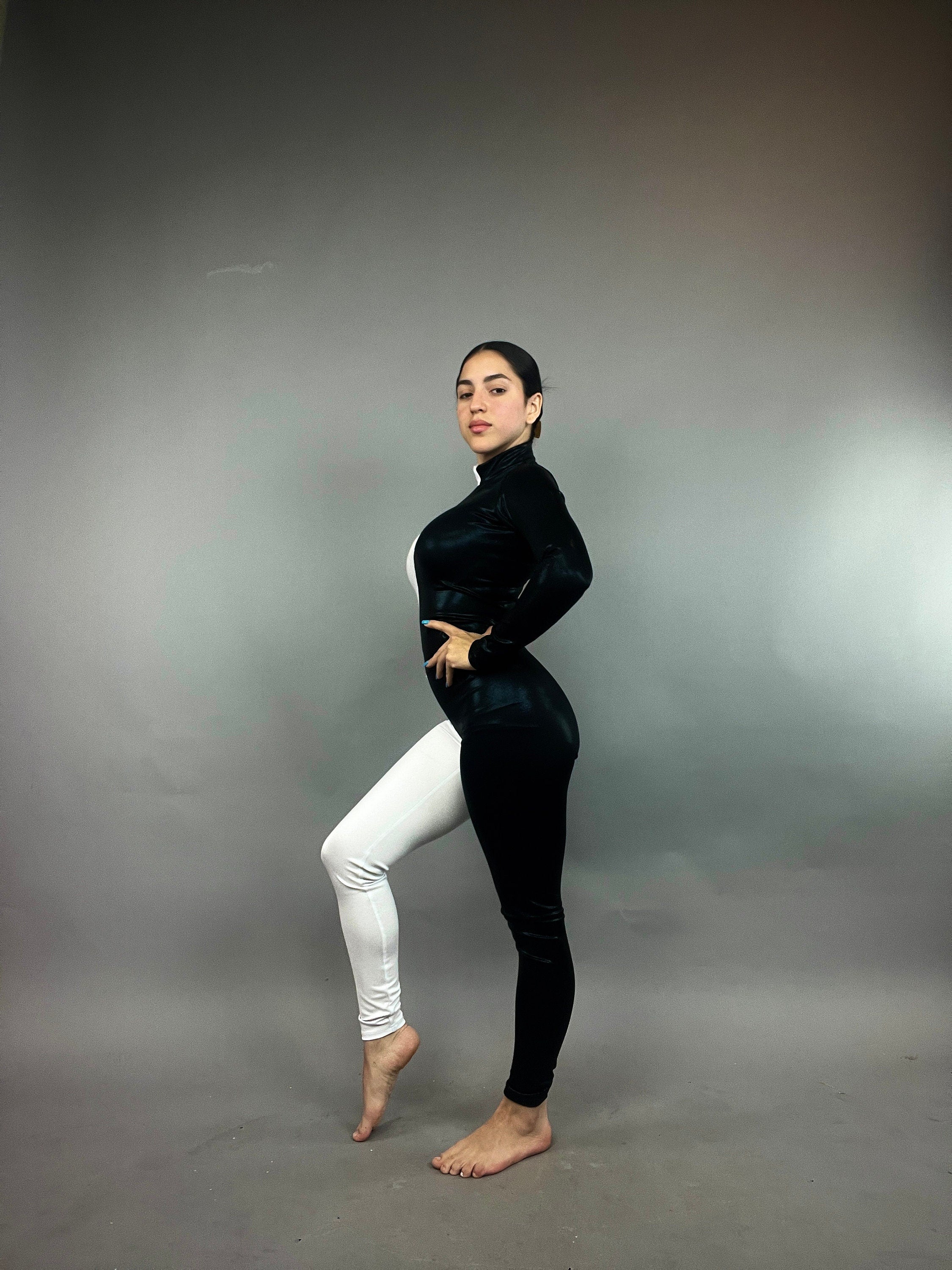 Black and White Half-And-Half Catsuit, Turtleneck, Full Sleeves
