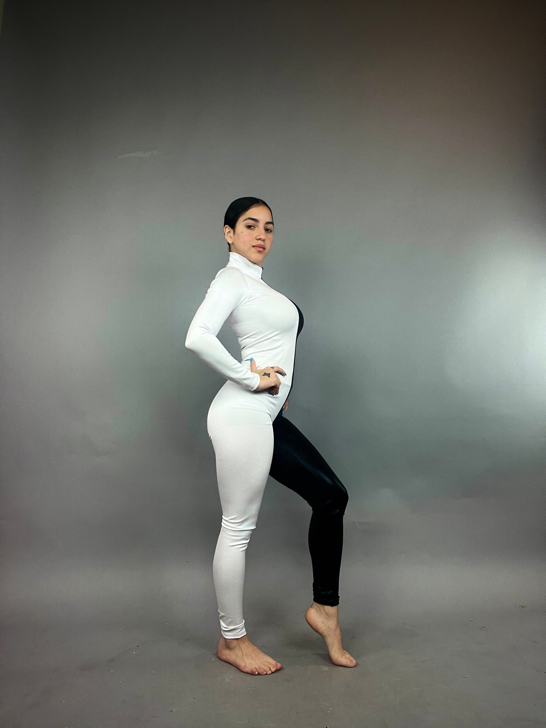 Black and White Half-And-Half Catsuit, Turtleneck, Full Sleeves