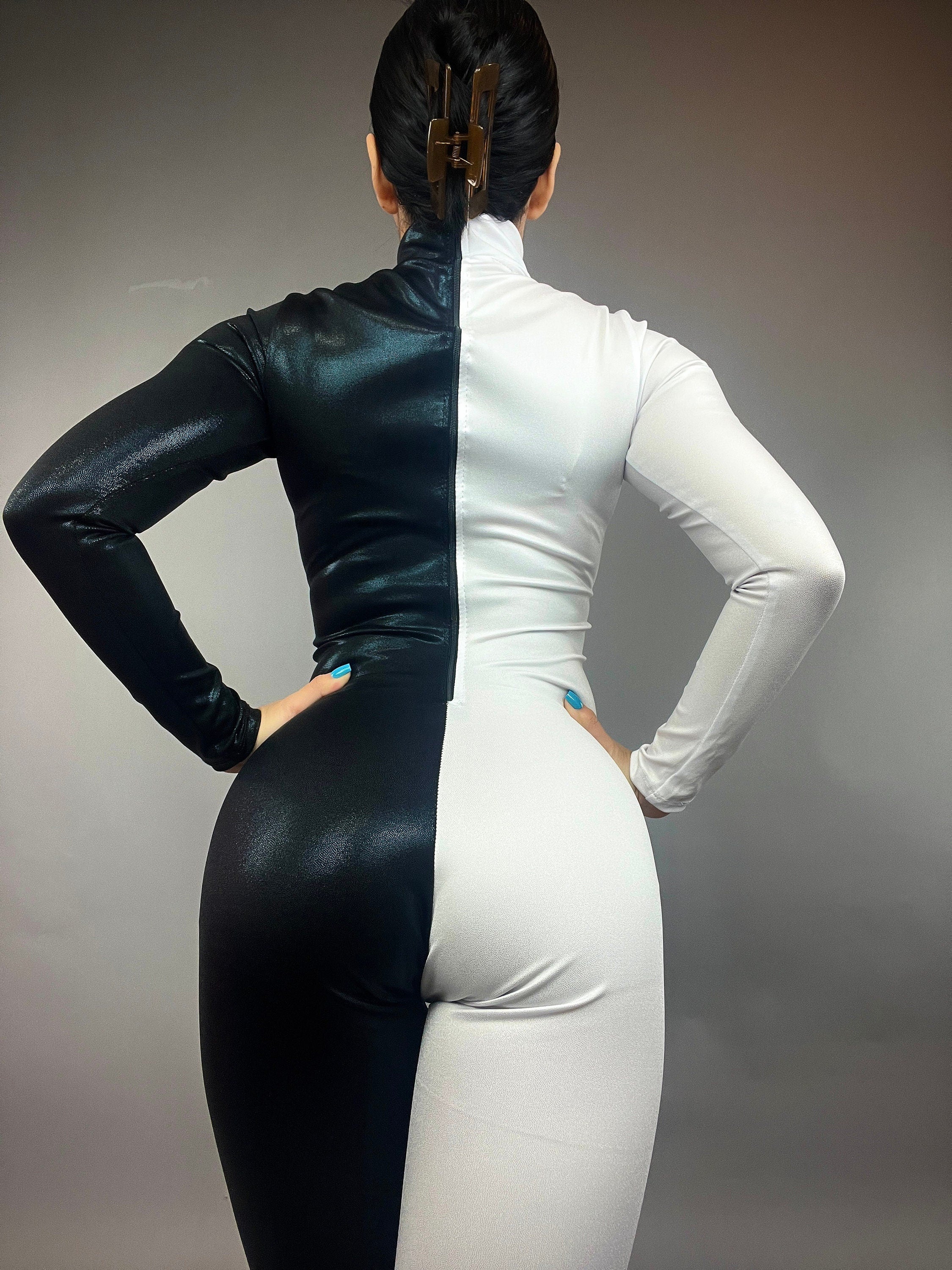 Black and White Half-And-Half Catsuit, Turtleneck, Full Sleeves