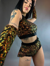 Gold Sequin on Black Crop Top and Bottom Set, Shorts With Half-Skirt, Halterneck Top, Hand Accessories