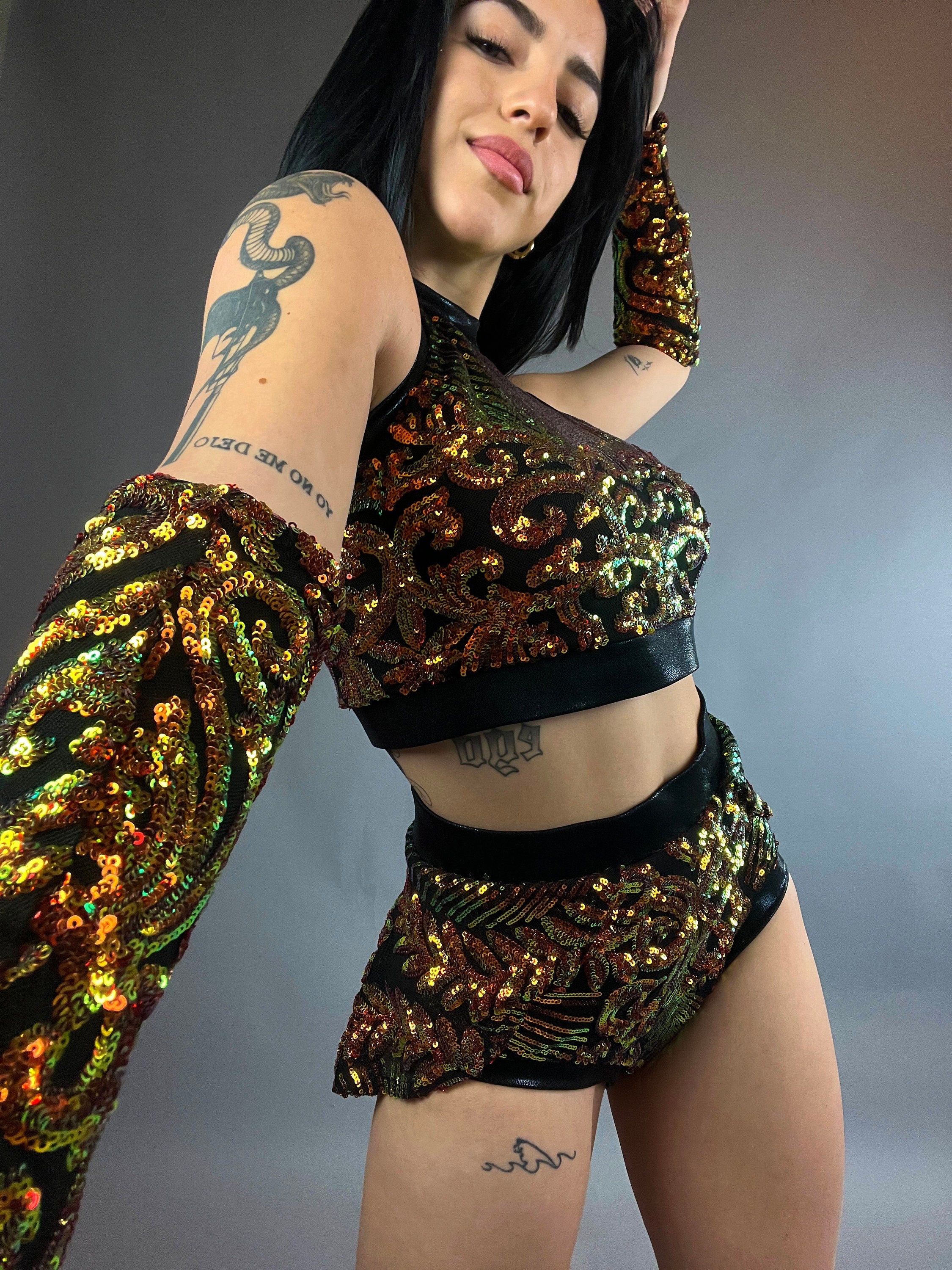Gold Sequin on Black Crop Top and Bottom Set, Shorts With Half-Skirt, Halterneck Top, Hand Accessories
