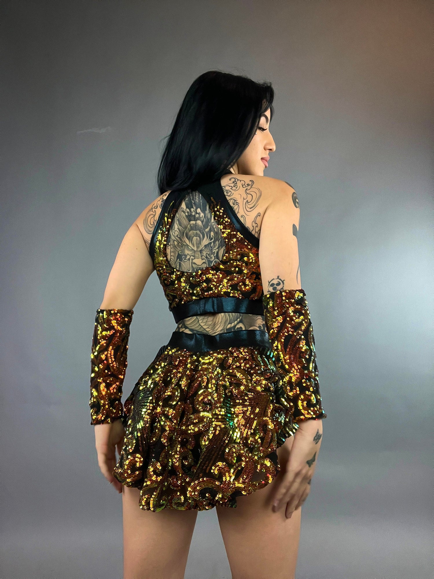 Gold Sequin on Black Crop Top and Bottom Set, Shorts With Half-Skirt, Halterneck Top, Hand Accessories