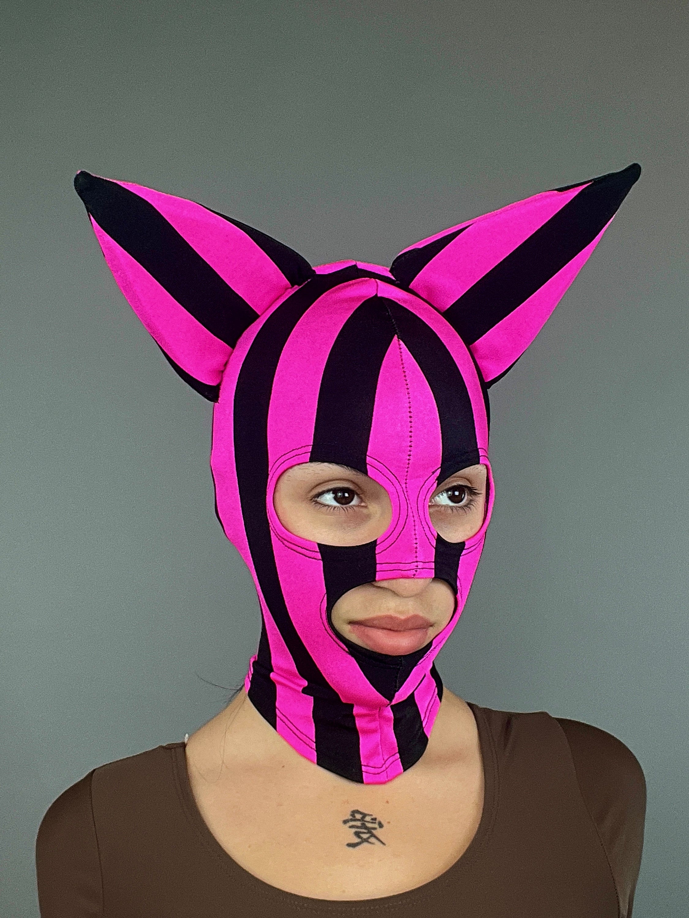 Pink Kitty Headpiece, Zentai Headpiece, Cat Ears, Spandex Face Mask, Circus Costume, Face Cover, Festival Fashion, Cosplay Outfit