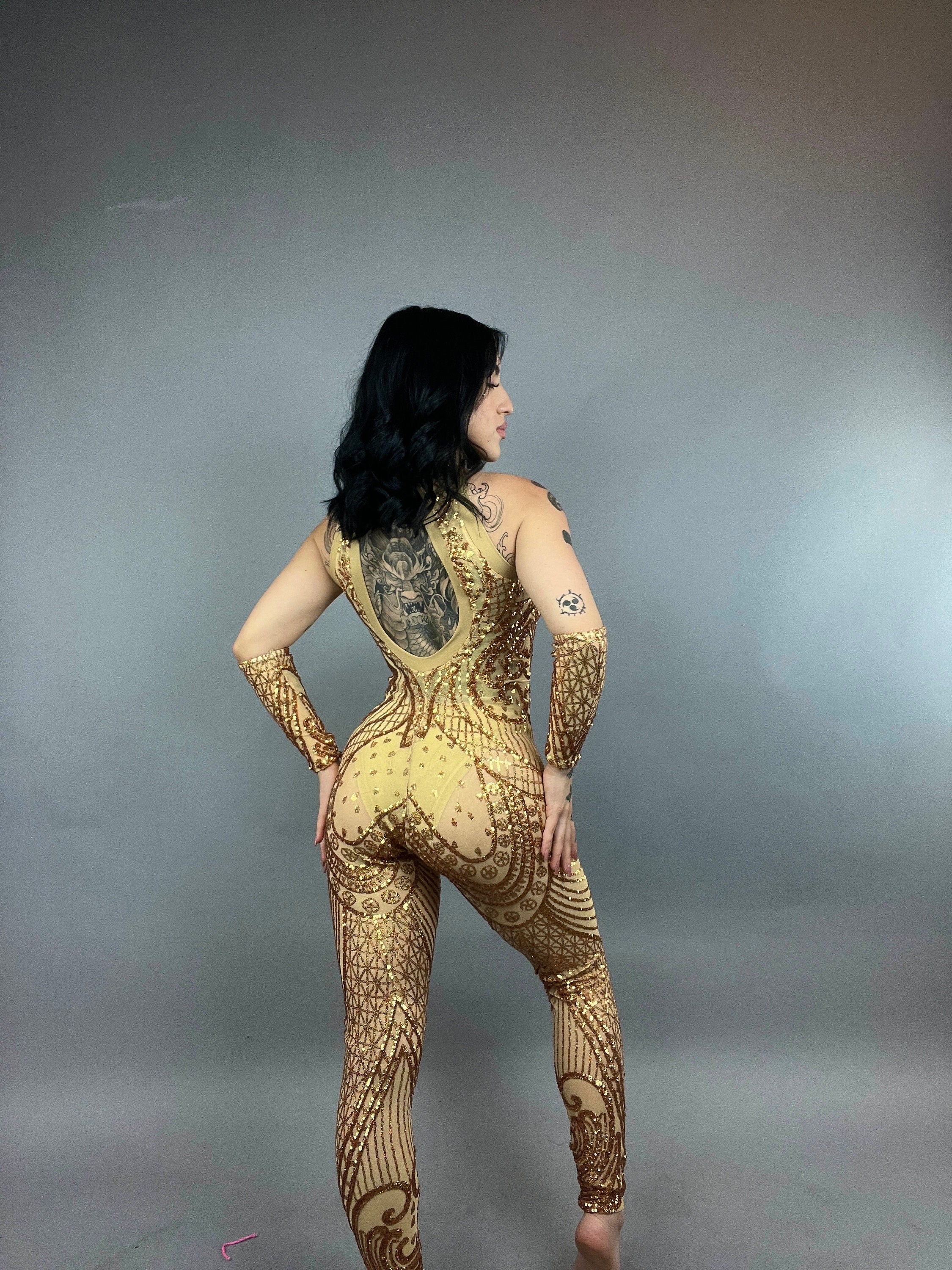 Sequin Bodysuit, Sheer Catsuit, Costume for Contortionist, Gymnast, Dance Wear, Wedding Jumpsuit