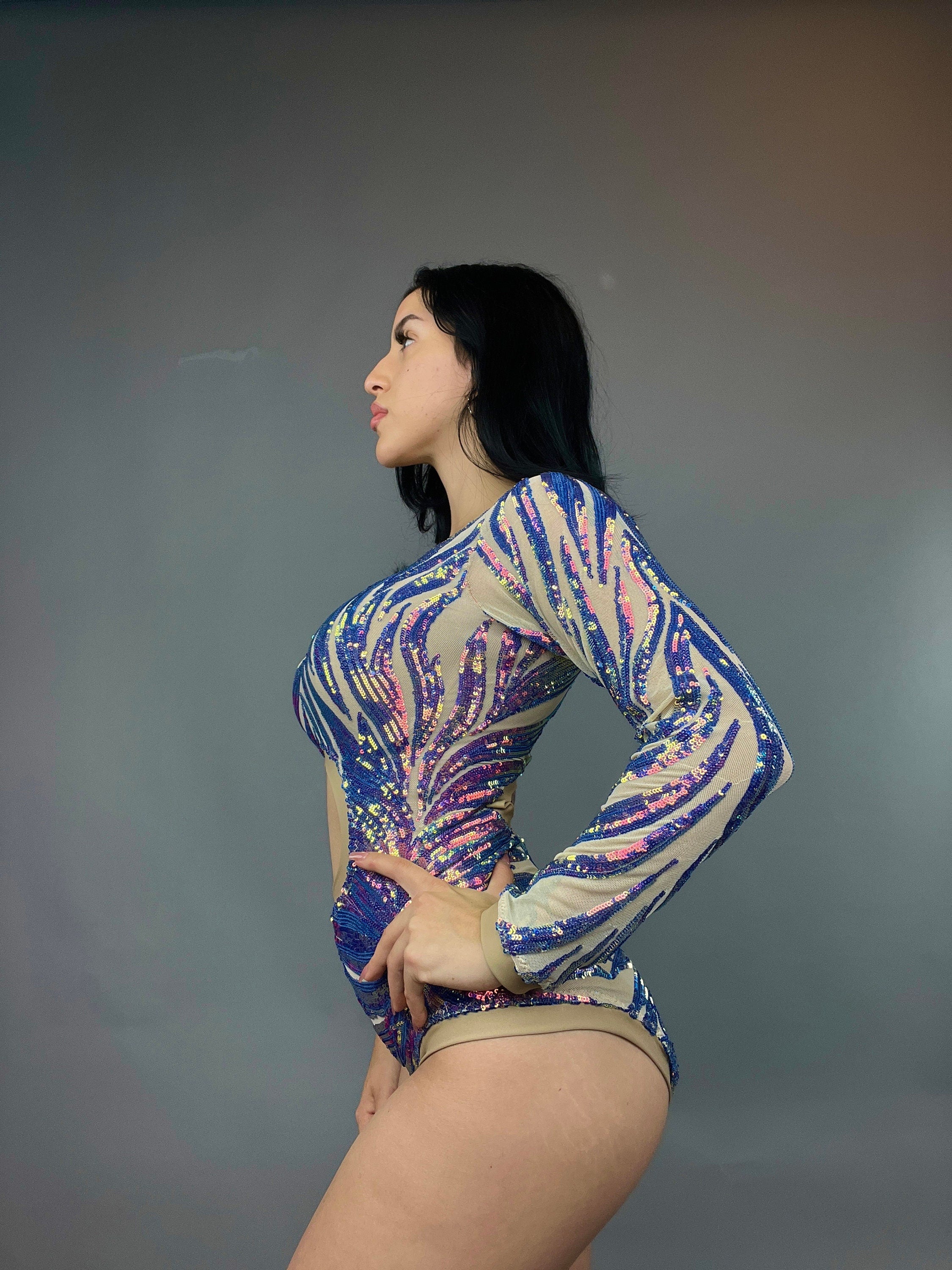 Isolated Blue Sequin On Nude Leotard, Cut Outs, Asymmetric Design