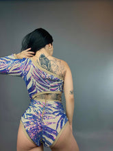 Isolated Blue Sequin On Nude Leotard, Cut Outs, Asymmetric Design