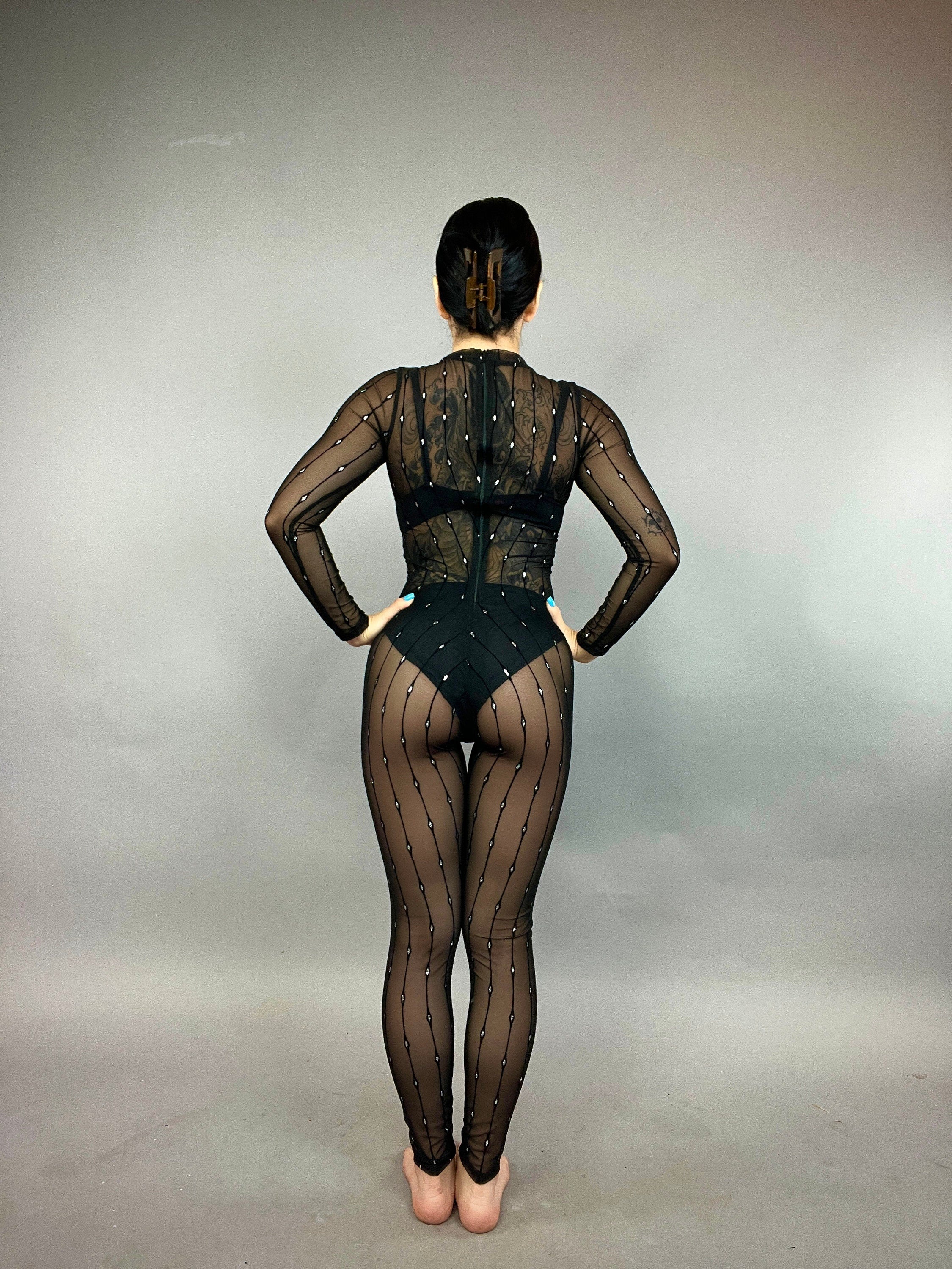 Black Sheer Jumpsuit, Crew Neckline, Long Sleeves