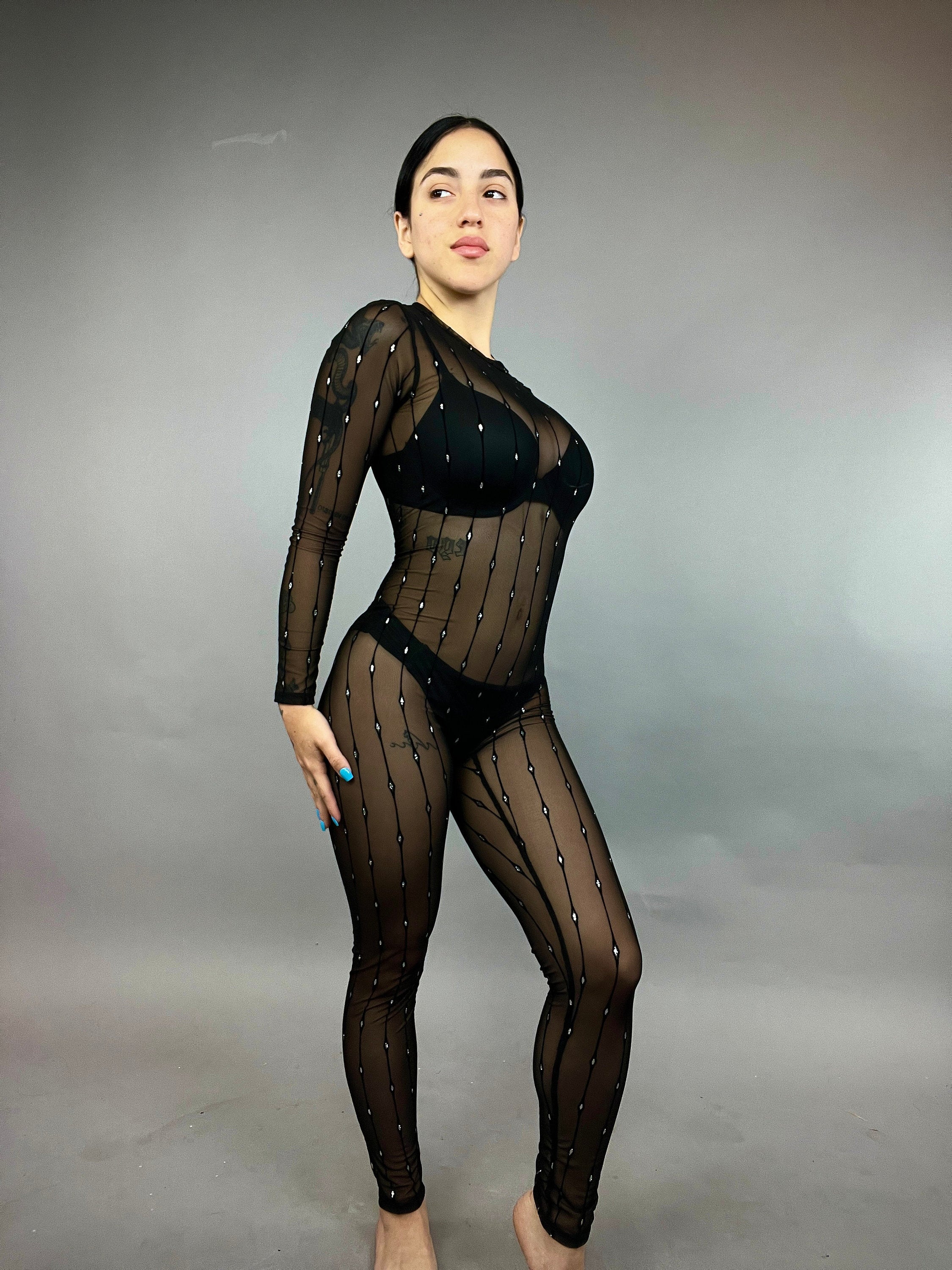 Black Sheer Jumpsuit, Crew Neckline, Long Sleeves
