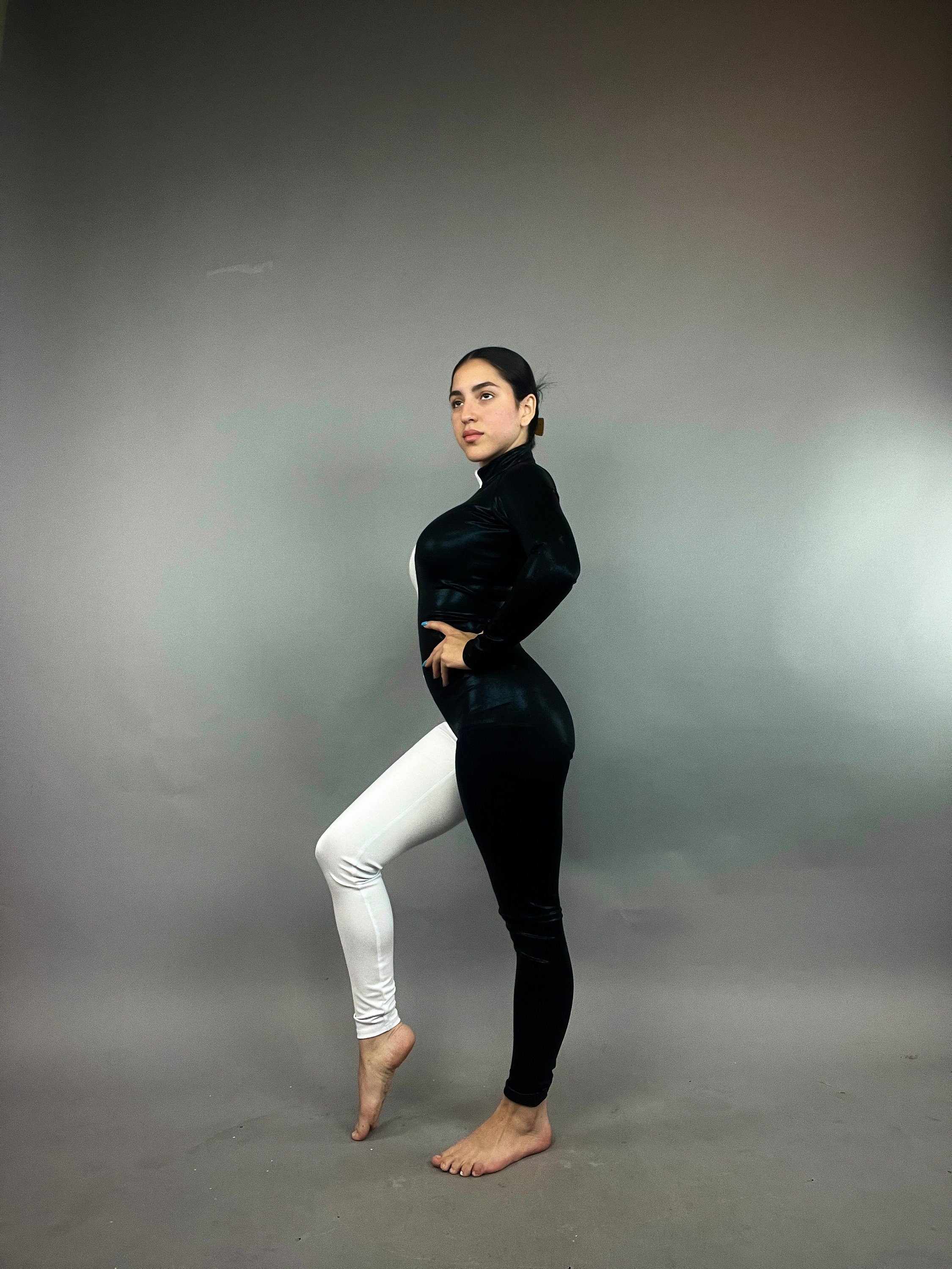 Black and White Half-And-Half Catsuit, Turtleneck, Full Sleeves