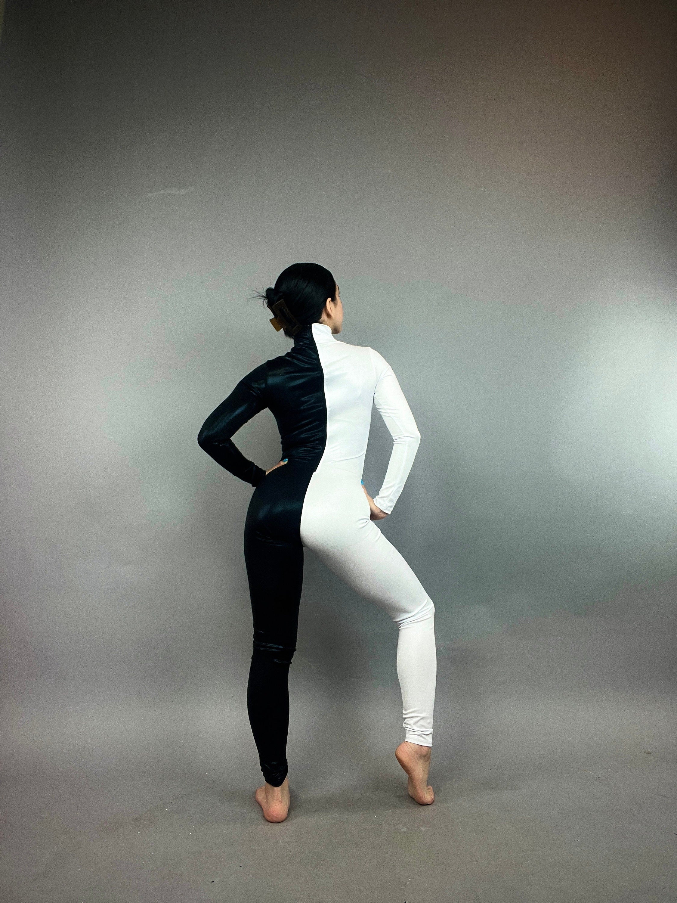 Black and White Half-And-Half Catsuit, Turtleneck, Full Sleeves
