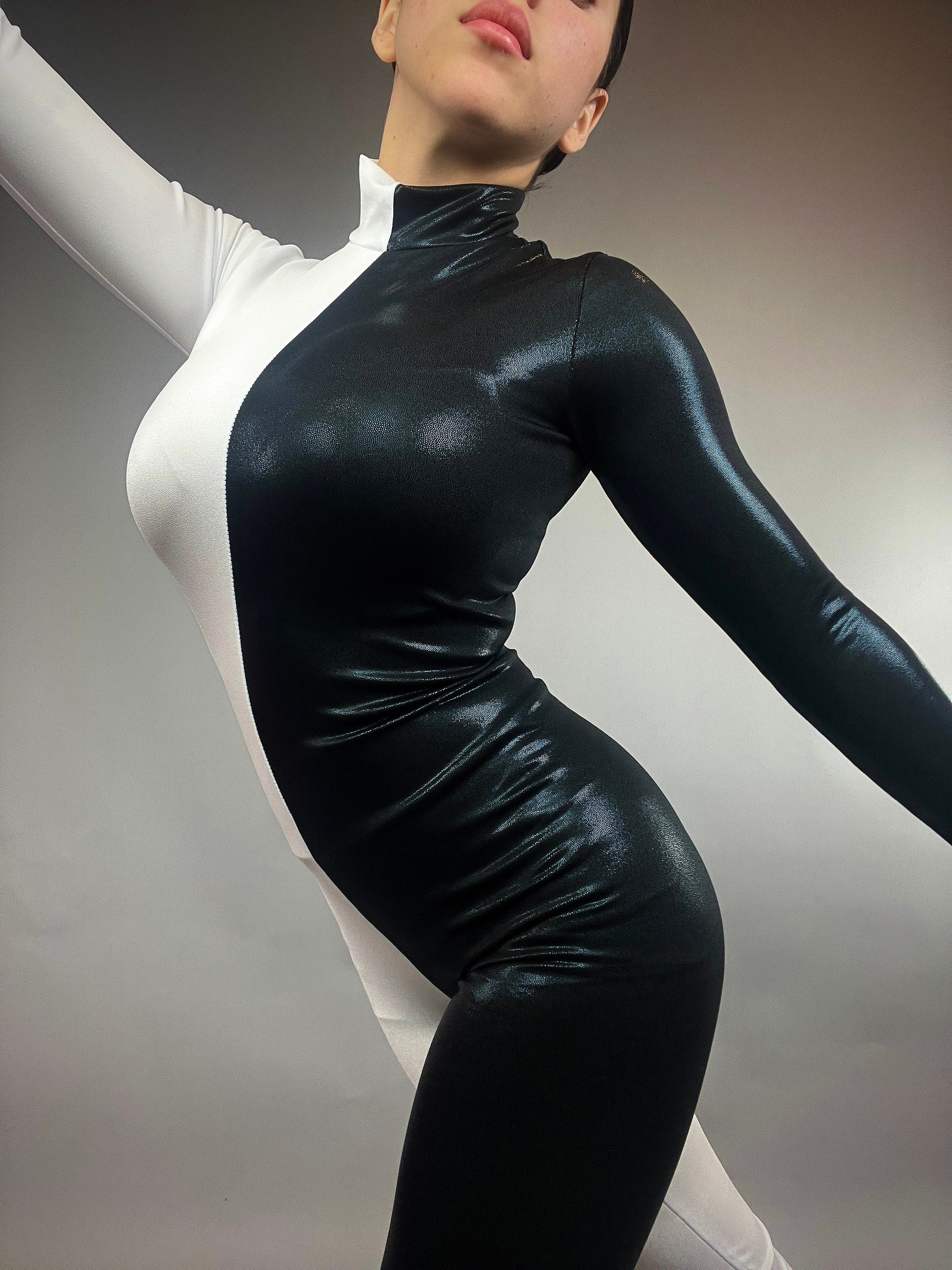 Black and White Half-And-Half Catsuit, Turtleneck, Full Sleeves
